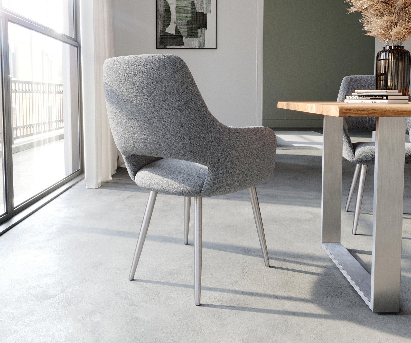 Eetkamerstoel Yago-Flex met armleuning structuurstof lichtgrijs 4-poot conisch roestvrij staal pocketveer kern 4 Eetkamerstoel Yago-Flex met armleuning structuurstof lichtgrijs 4-poot conisch roestvrij staal pocketveer kern 4