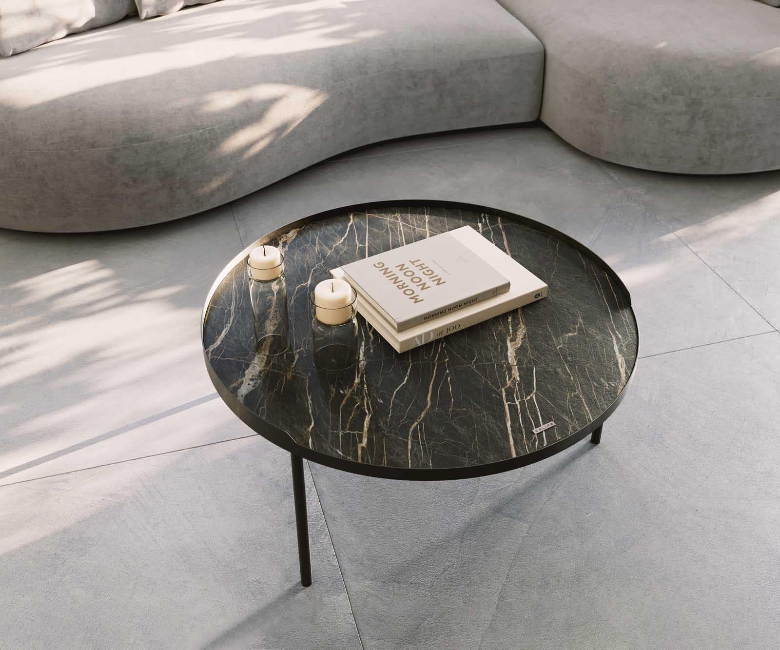 Salontafel Torell 80x80 cm keramiek Laminam®Noir Desir Bruin Metalen onderstel Effectafwerking Titanium 5