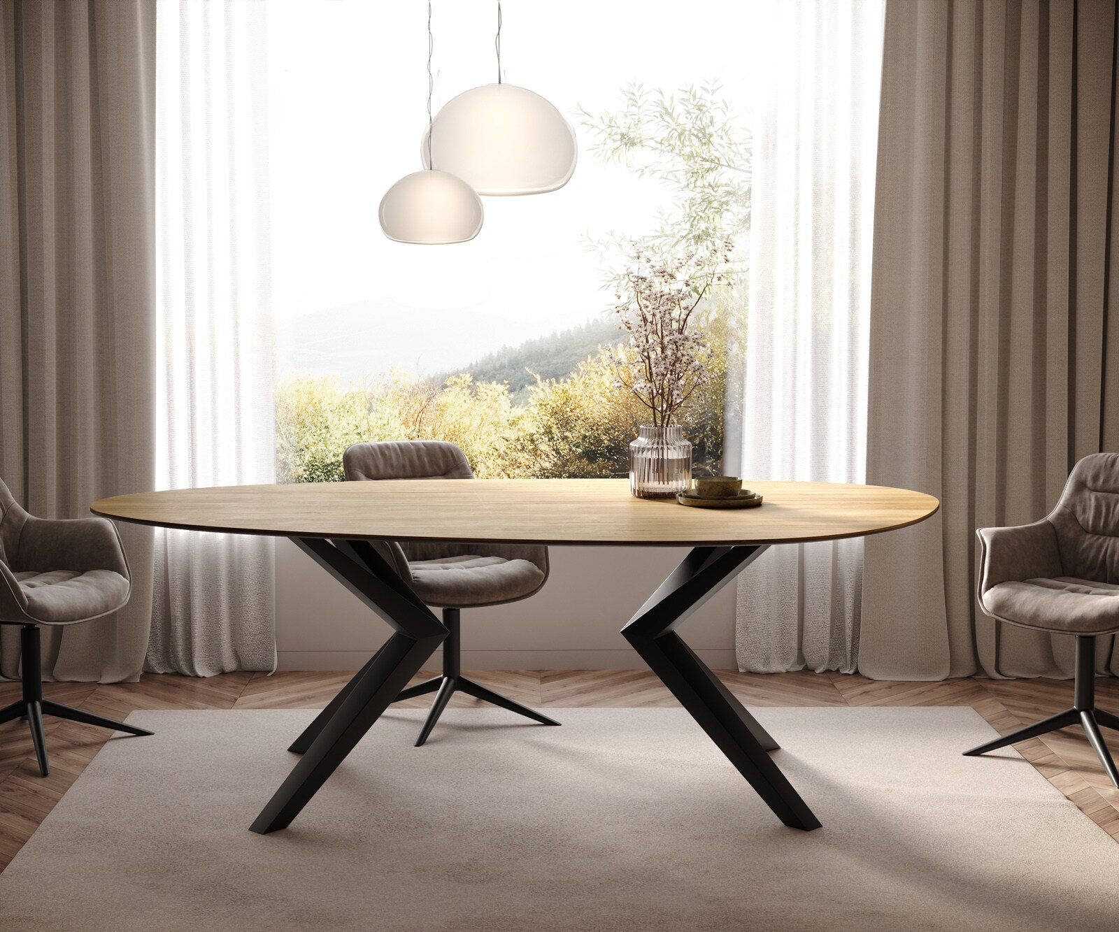 Eetkamertafel Edge ovaal 220x120 keramiek Laminam® Sabbia eiken kleur Zenthara hoekig metaal zwart 1