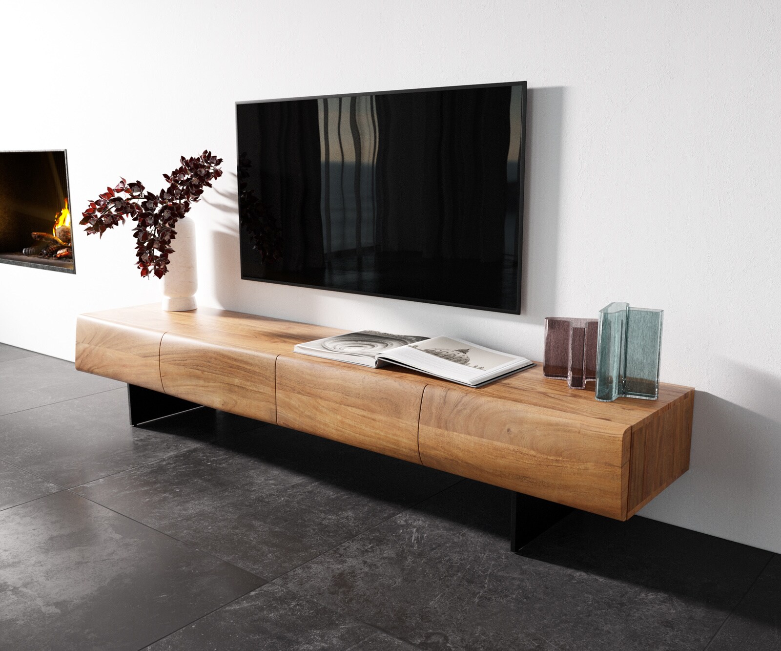 TV-meubel New Live-Edge 200 cm acacia naturel 4 deuren zwevende poot metaal zwart