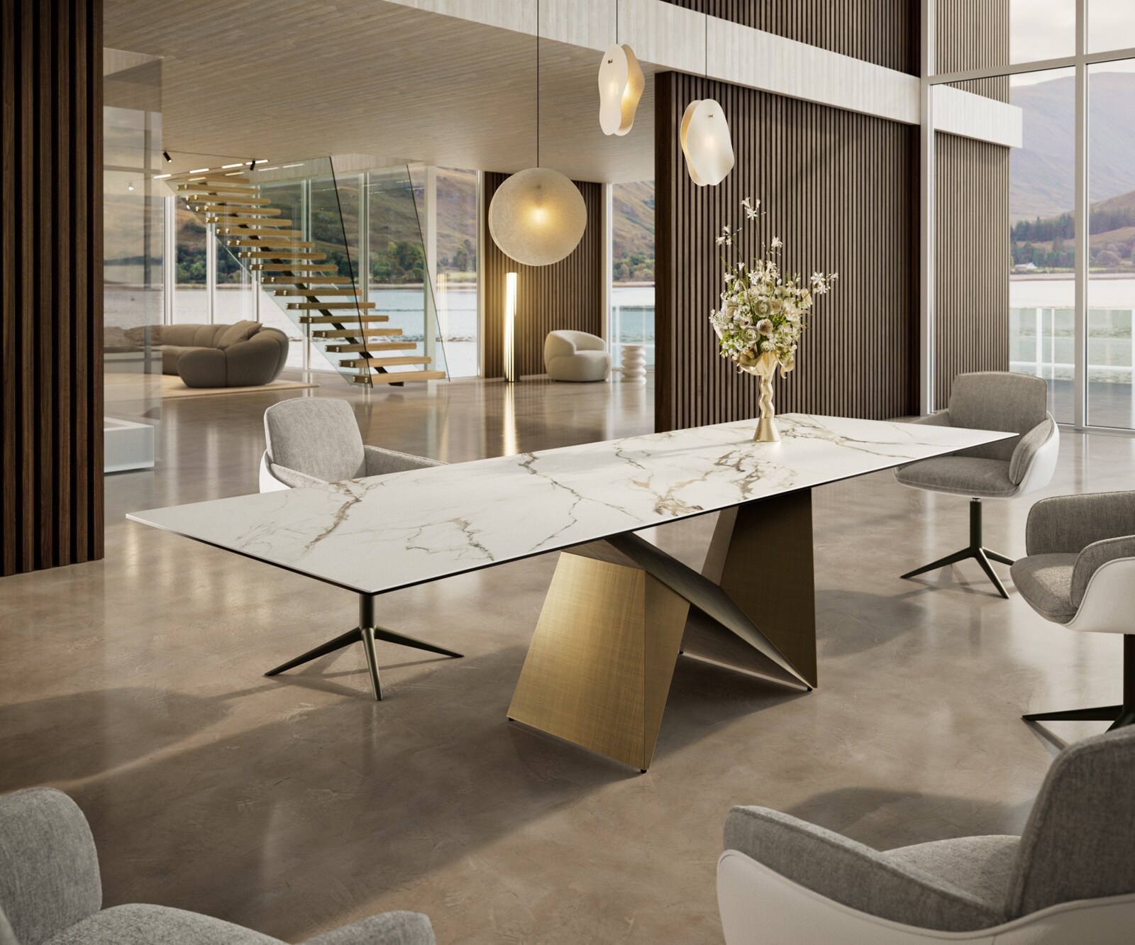 Eettafel Edge 300x100 keramiek  Calacatta Luxe wit-goud-grijs Origami metaal goud 1