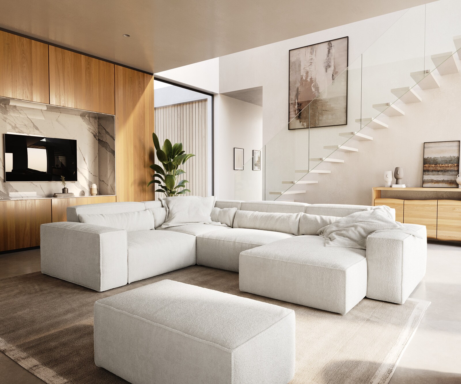 Woonkamer landschap Sirpio 300x210 cm bouclee crème-wit recamiere variabele met kruk 2