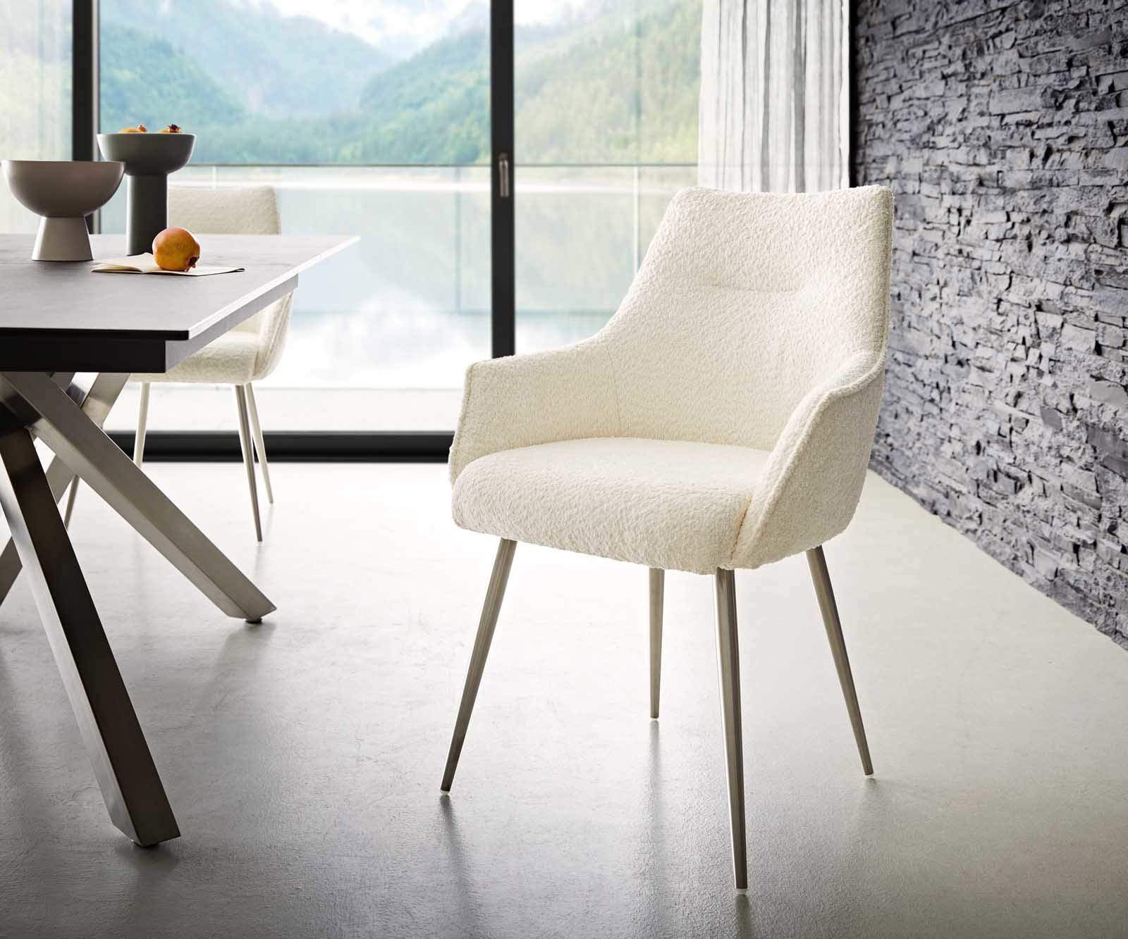 Eetkamerstoel Alja-Flex met armleuning bouclé wit 4-poot conisch roestvrij staal pocketveer kern Eetkamerstoel Alja-Flex met armleuning bouclé wit 4-poot conisch roestvrij staal pocketveer kern