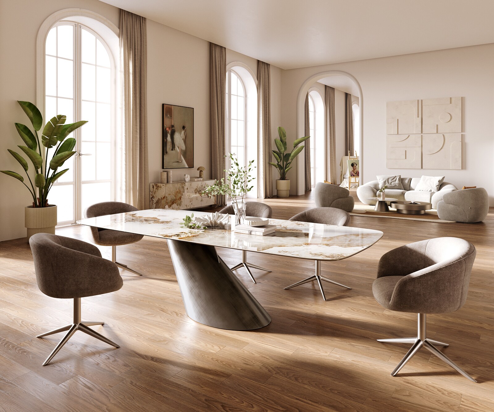Eettafel Edge Boot 260x120 cm Keramiek Minas Melange Wit-Beige Cono Metaalic Zilver 5