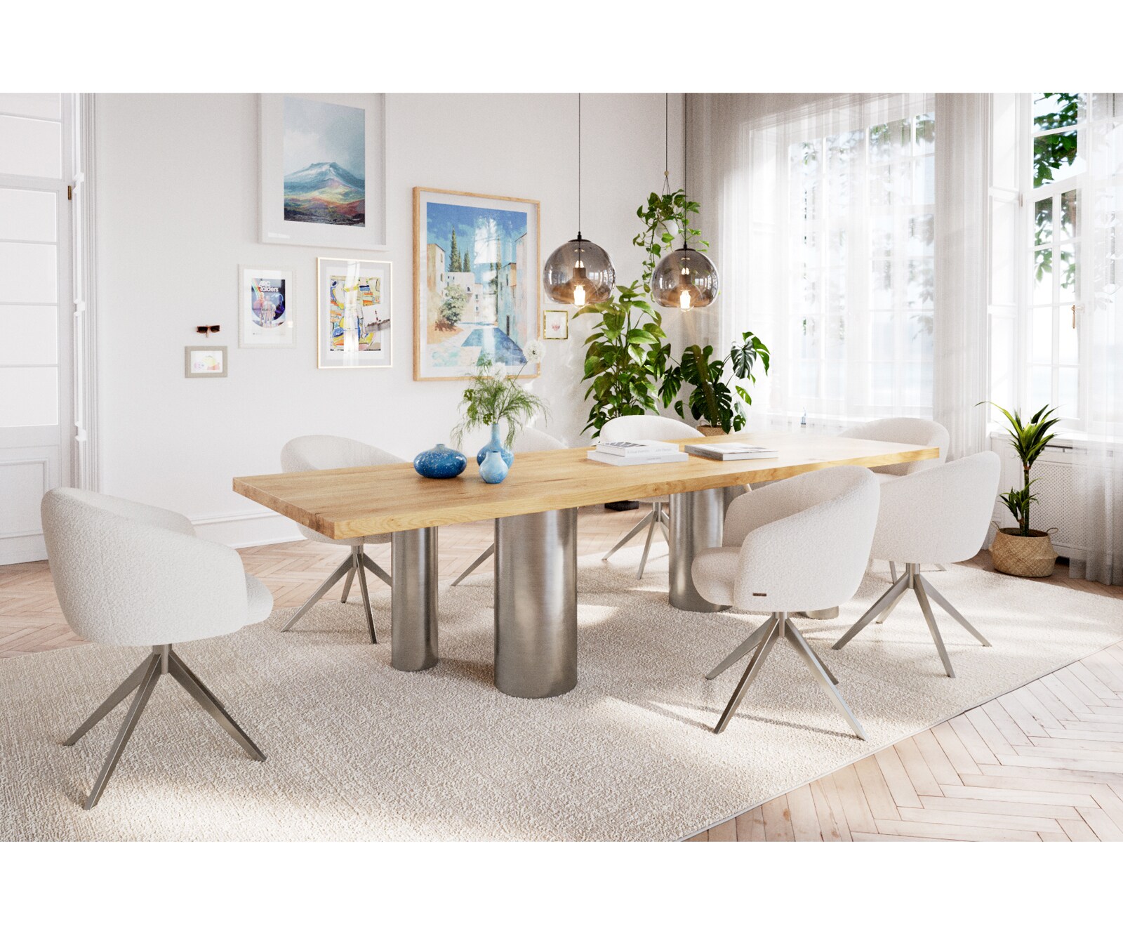 Eetkamertafel Edge 300x100 eiken natuurPilier roestvrij staal geborsteld 6