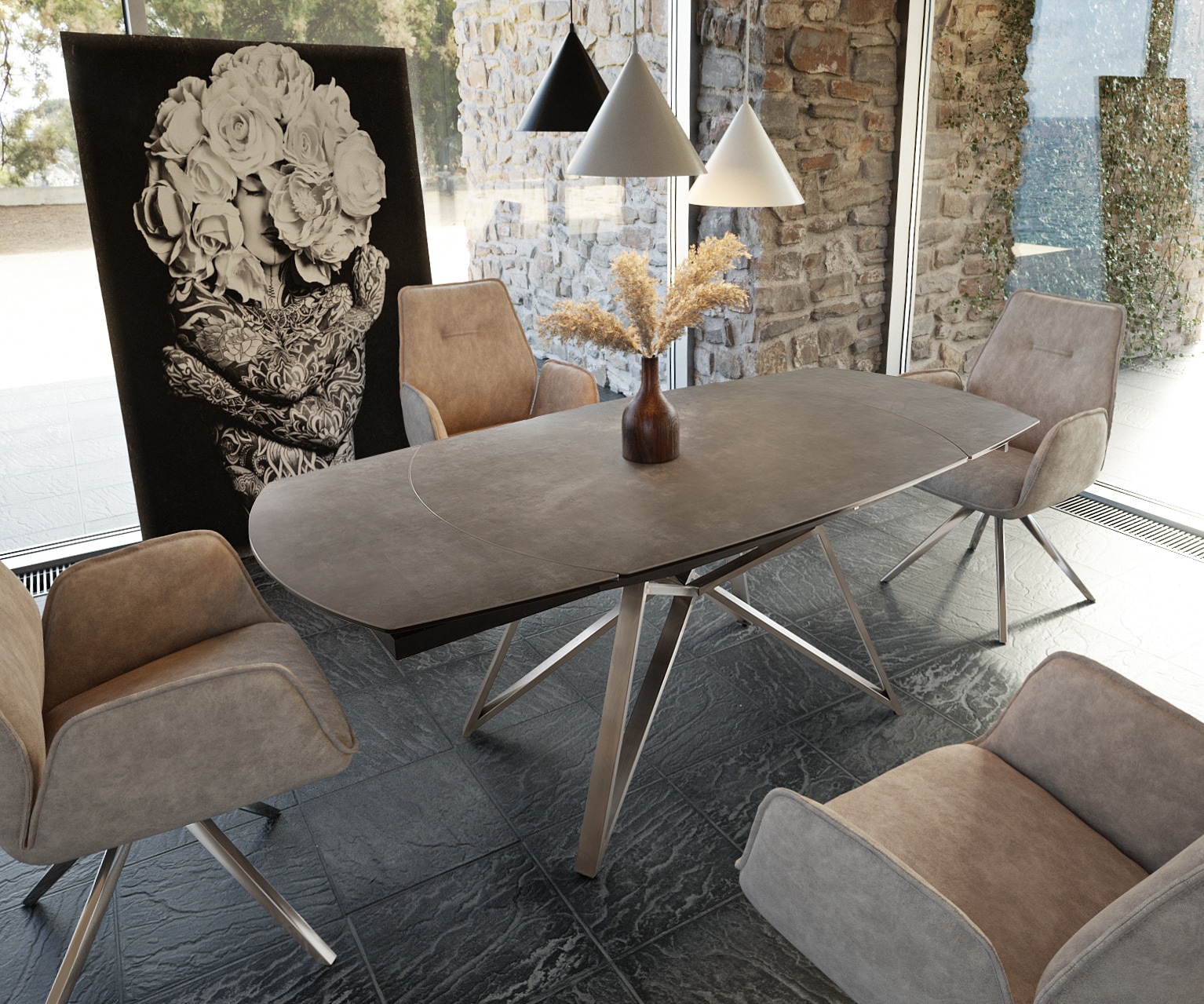 Eettafel Carlow 130/200x90 cm keramiek grijs metaal uitschuifbaar