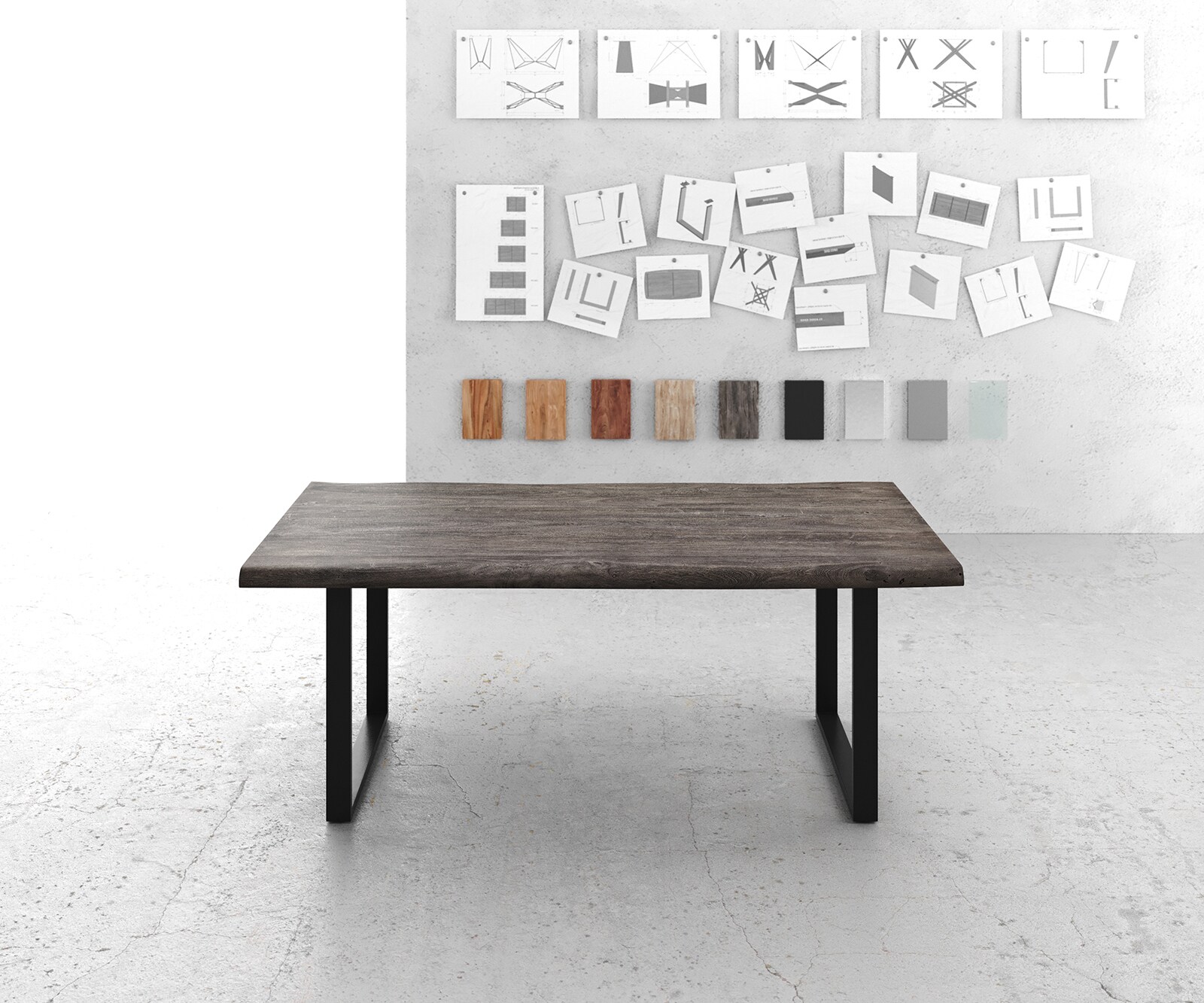 Eettafel Edge 200x100 XL acacia platina skidframe zwart Live-Edge 1