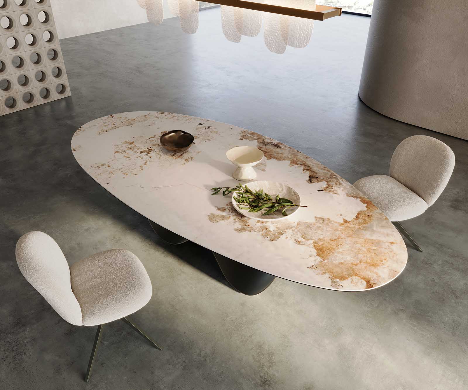 Eettafel Edge ovaal 280x130 keramiek Minas Melange wit-beige Infinity metaaleffect afwerking titanium 1