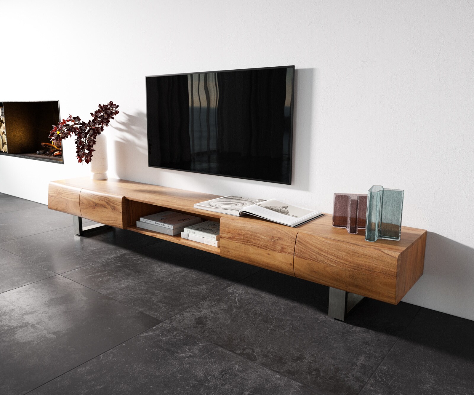 Tv-meubel New Live-Edge 240 cm acacia natuur 4 deuren 1 vak sledepoten roestvrij staal geborsteld