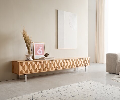 Tv-meubel Fevo 220 cm eiken natuur 4 laden L-onderstel rvs