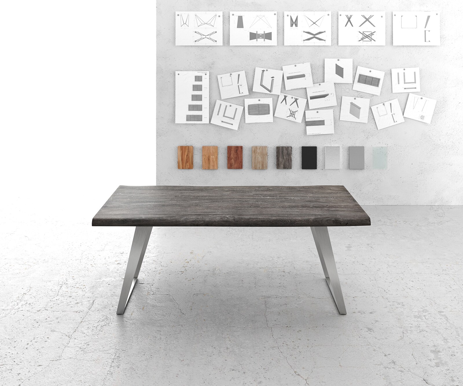 Eettafel Edge 200x100cm XL acacia platina roestvrijstaal zilver schuin Live-Edge 2