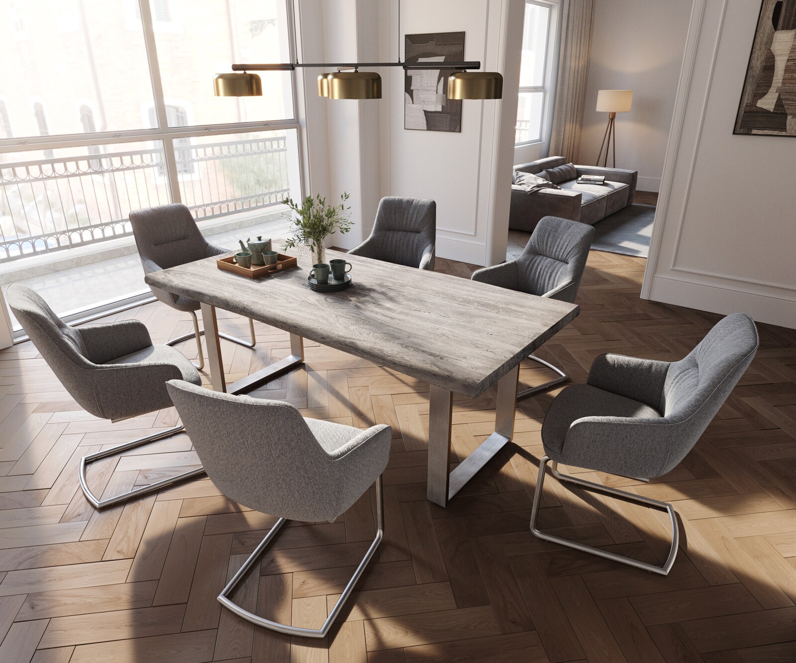 Sledemodel Zelia-Flex met armleuning structuurstof lichtgrijs sledemodel rond roestvrij staal pocketveer kern 3 Sledemodel Zelia-Flex met armleuning structuurstof lichtgrijs sledemodel rond roestvrij staal pocketveer kern 3