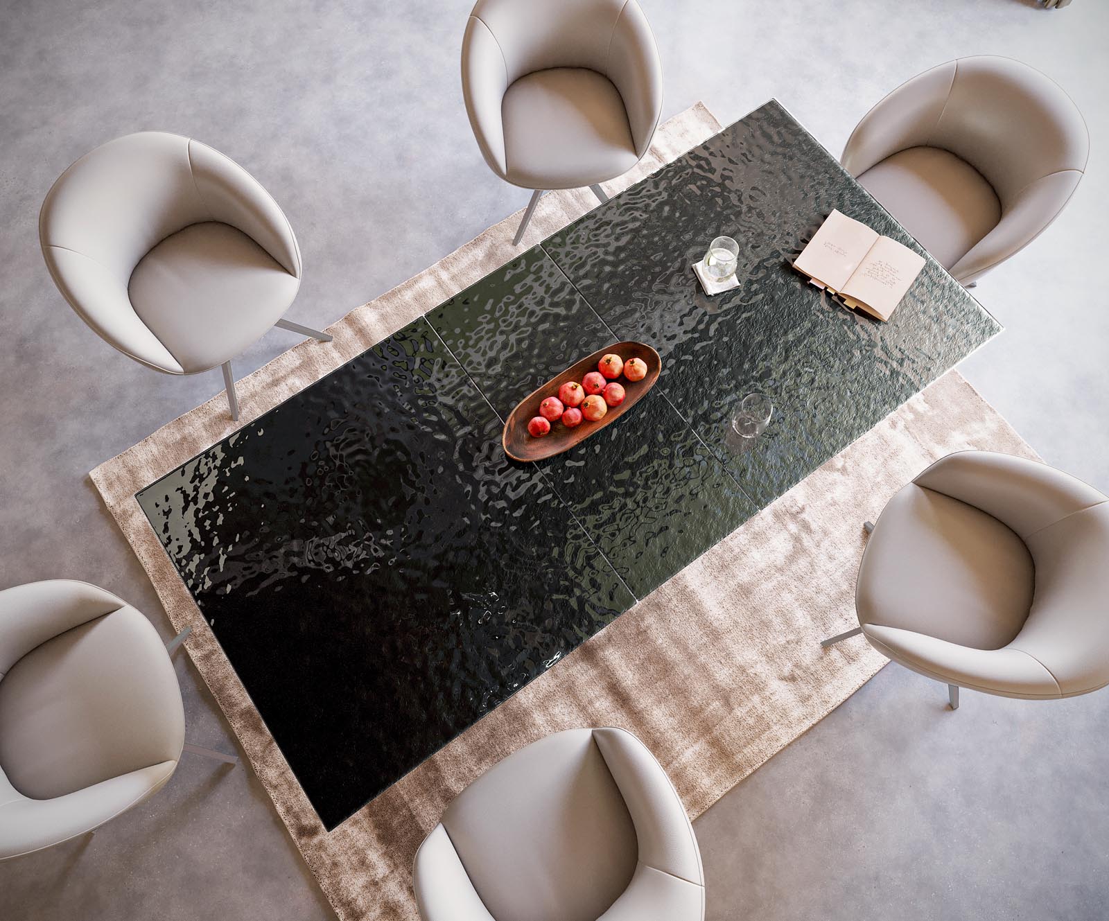 Eetkamertafel Edge 180-220x100 Glas smelten rokerig zwart 3D-Relief Wave RVS uitschuifbaar 3 Eetkamertafel Edge 180-220x100 Glas smelten rokerig zwart 3D-Relief Wave RVS uitschuifbaar 3