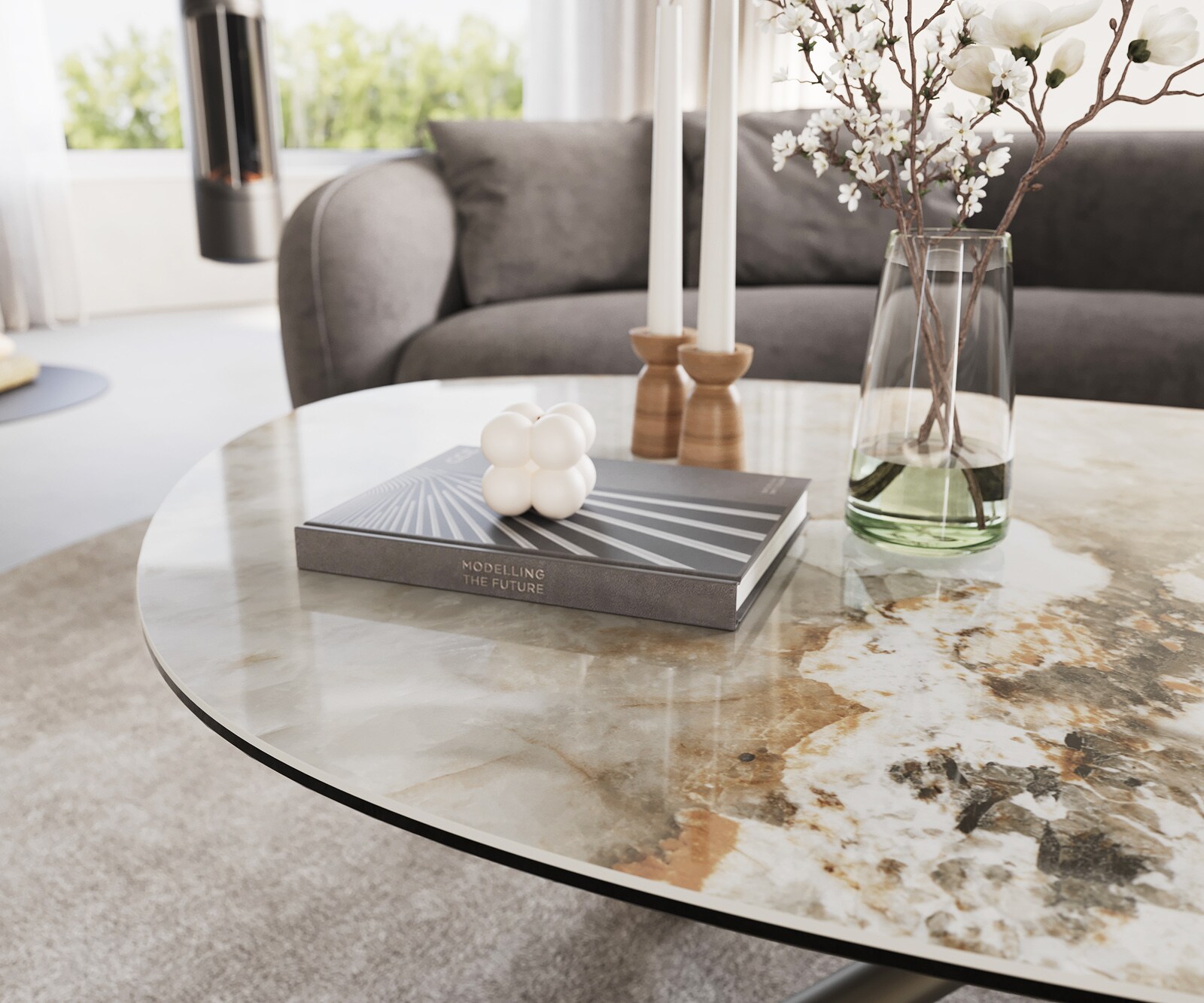 Salontafel Edge Oval 140x75 cm keramiek Minas Melange Sarity Metall effectafwerking titaan 6