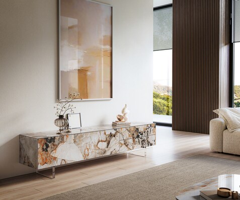 Tv-meubel Cuor 220 cm Keramiek Patagonia gepolijst 1 Flap 2 Laden Zwevende voet look Acrylglas