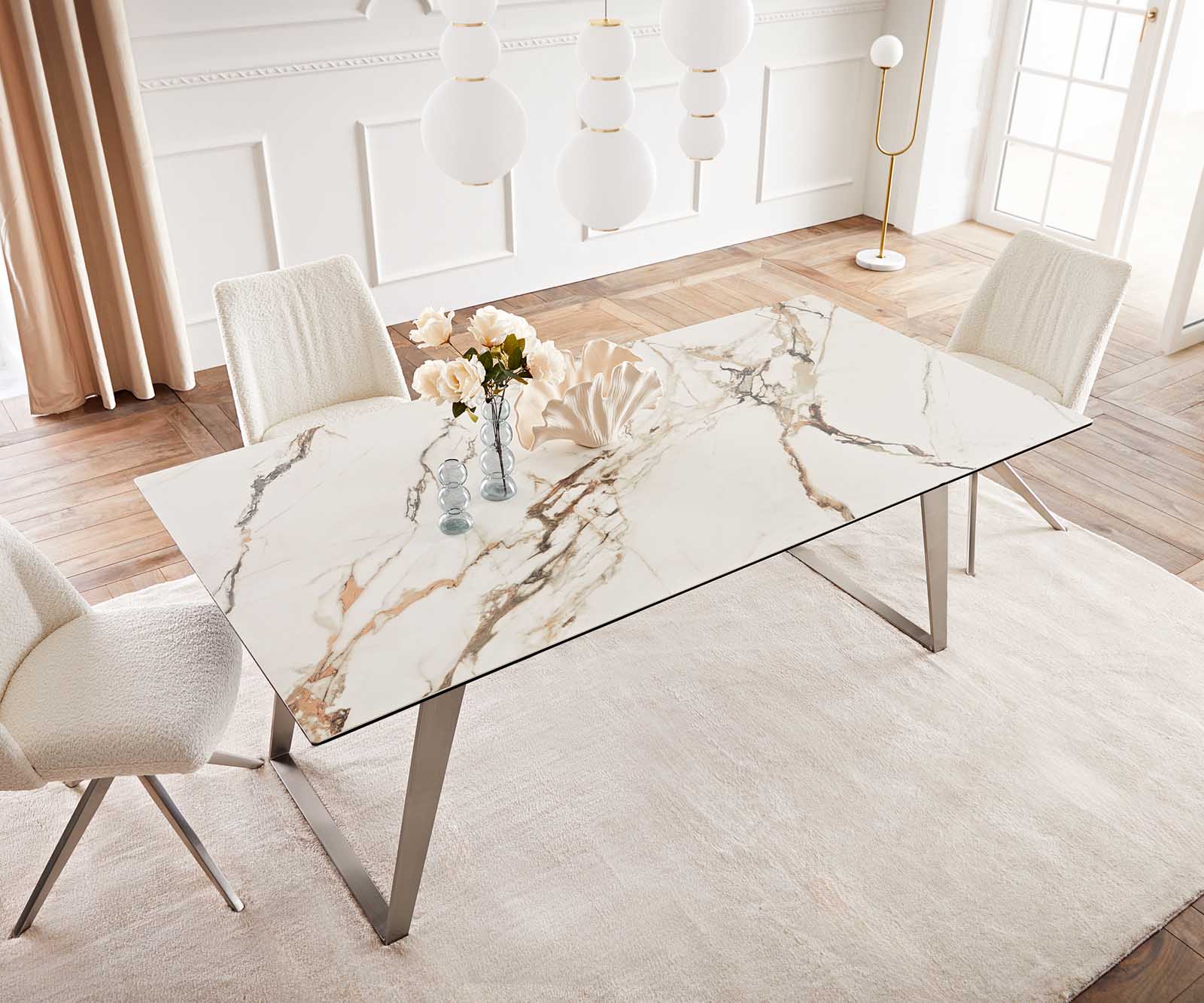 Eetkamertafel Edge 200x100 keramiek Calacatta Luxe wit-goud-grijs RVS schuin 5