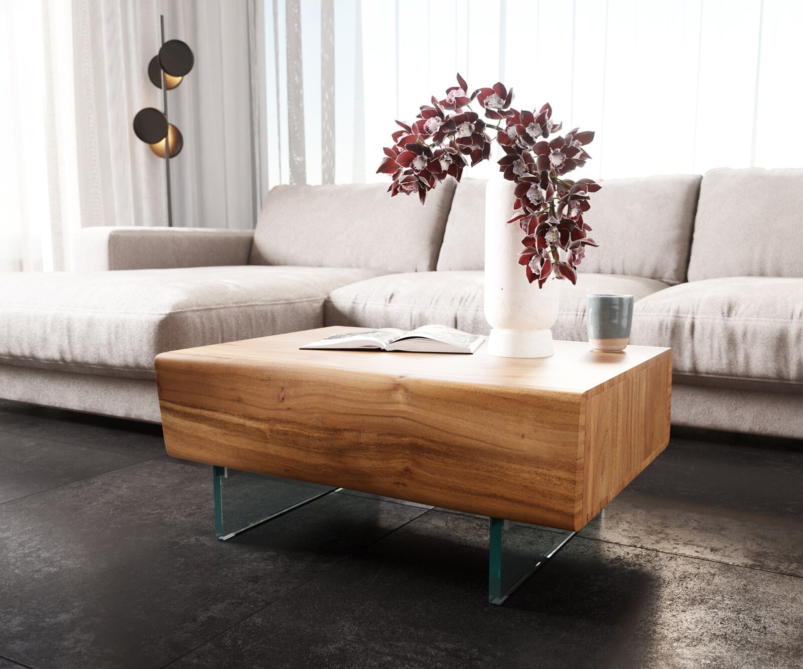 Bijzettafel New Live-Edge acacia natuur 80x60 cm 2 laden glasvoet zwevend 3