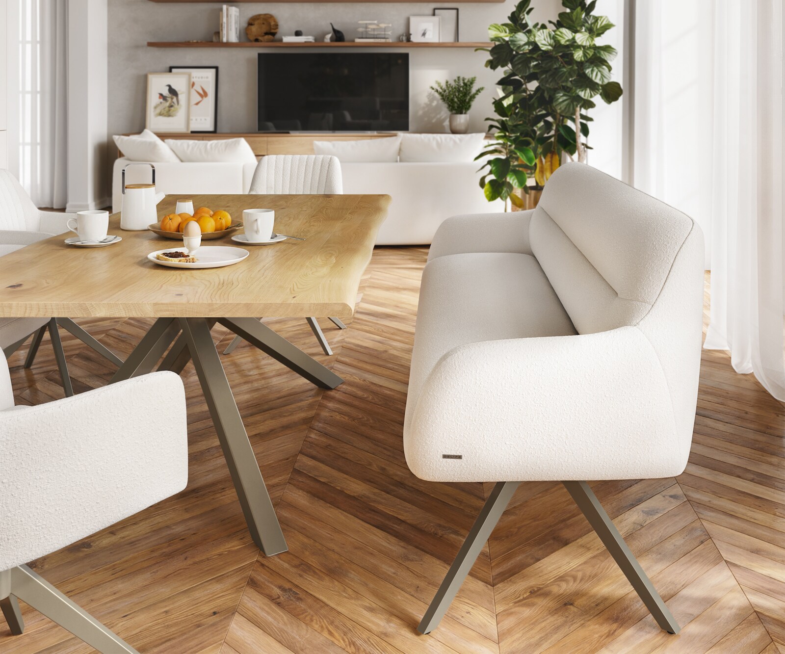 Eetkamerbank Taya-Flex 200 cm bouclé crème-wit hoekig kruisframe afwerking met titaniumeffect pocketvering 1