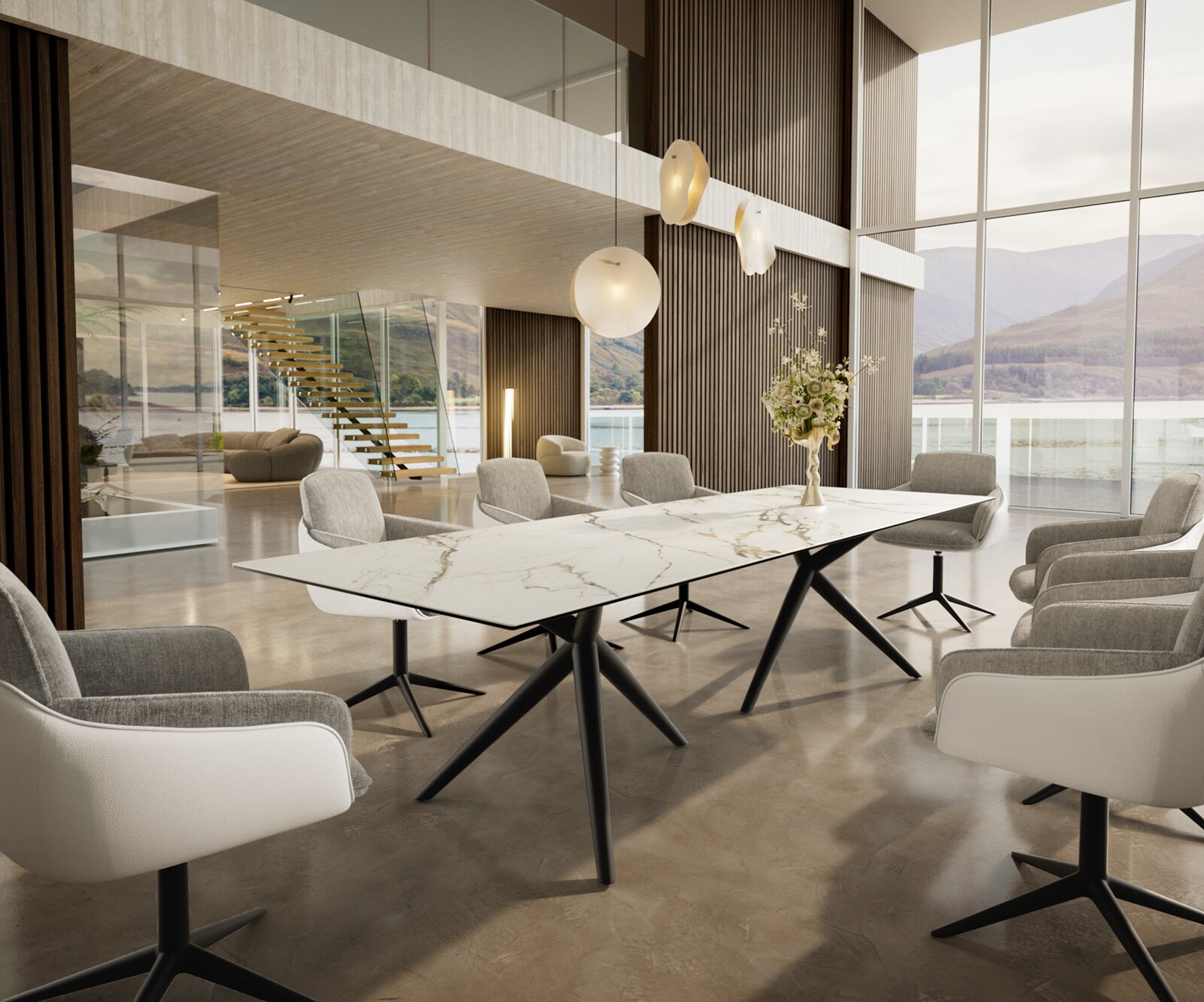Eetkamertafel Edge 300x100 keramiek Calacatta Luxe wit-Gold-grijs Estelar rond  metaal zwart 5