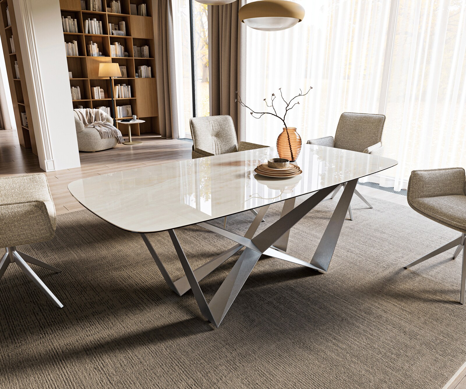 Eettafel Edge boot 200x100 cm keramiek Onyx Champagne Spider platstaal roestvrij staal grafiet 1