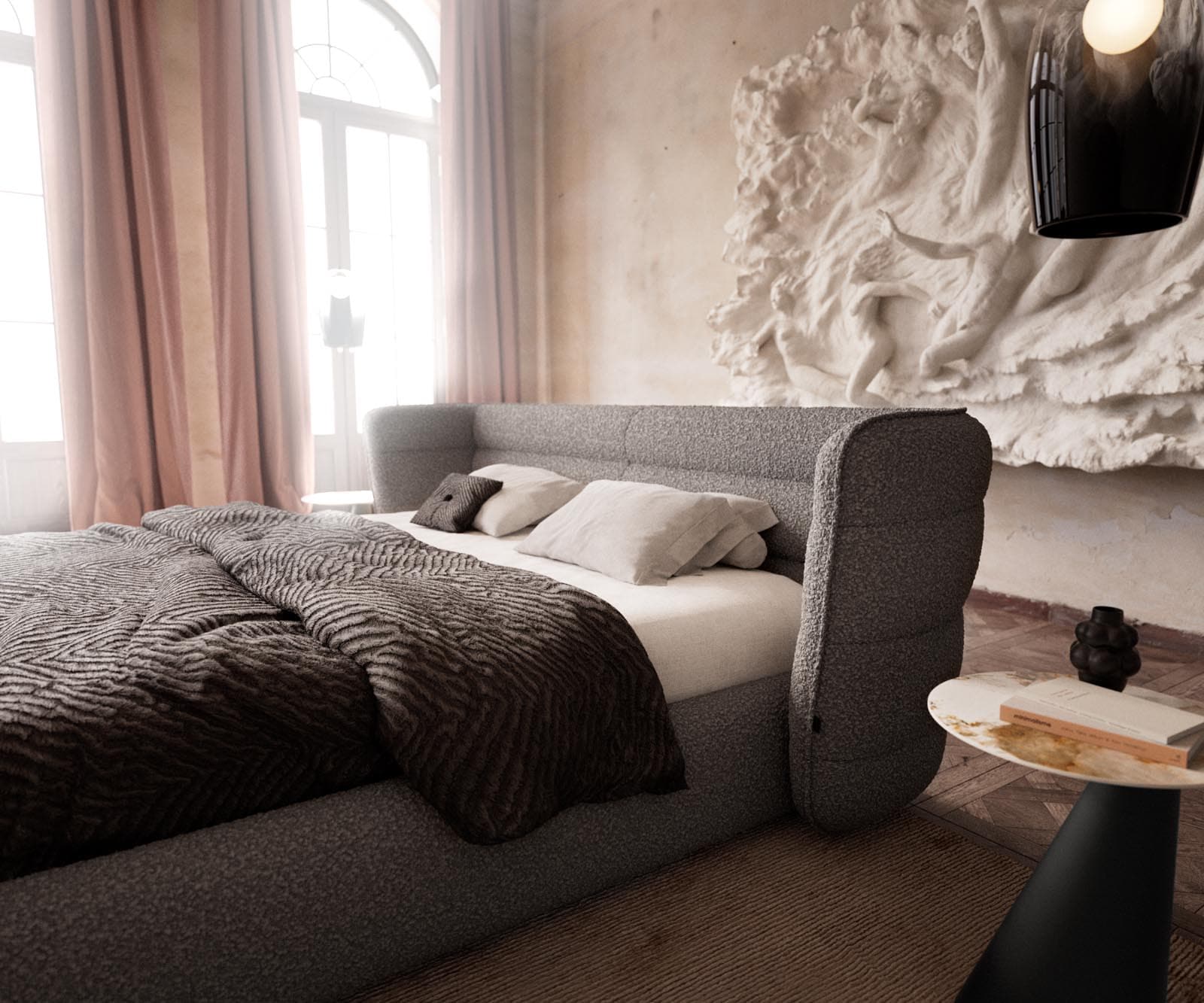 Gestoffeerd bedframe Simea 180x200 cm Bouclé zilvergrijs 4 Gestoffeerd bedframe Simea 180x200 cm Bouclé zilvergrijs 4