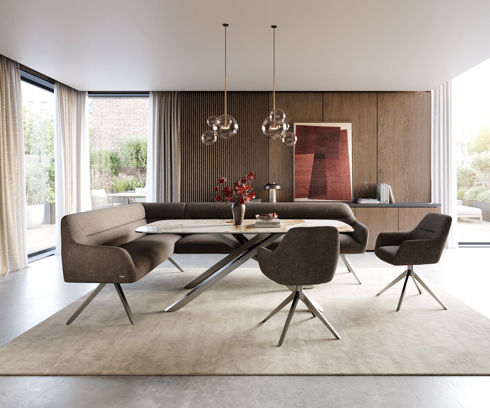 Eetkamerbank Taya-Flex 285x190 cm zachte stof met structuur taupe hoekig kruisframe roestvrij staal pocketvering rechts 2