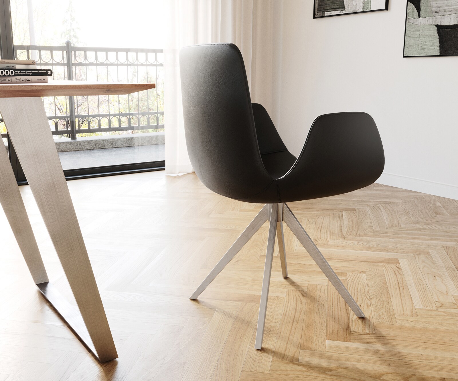 Eetkamerstoel Ilia-Flex met armleuning echt leer zwart kruisframe hoekig roestvrij staal 4 Eetkamerstoel Ilia-Flex met armleuning echt leer zwart kruisframe hoekig roestvrij staal 4