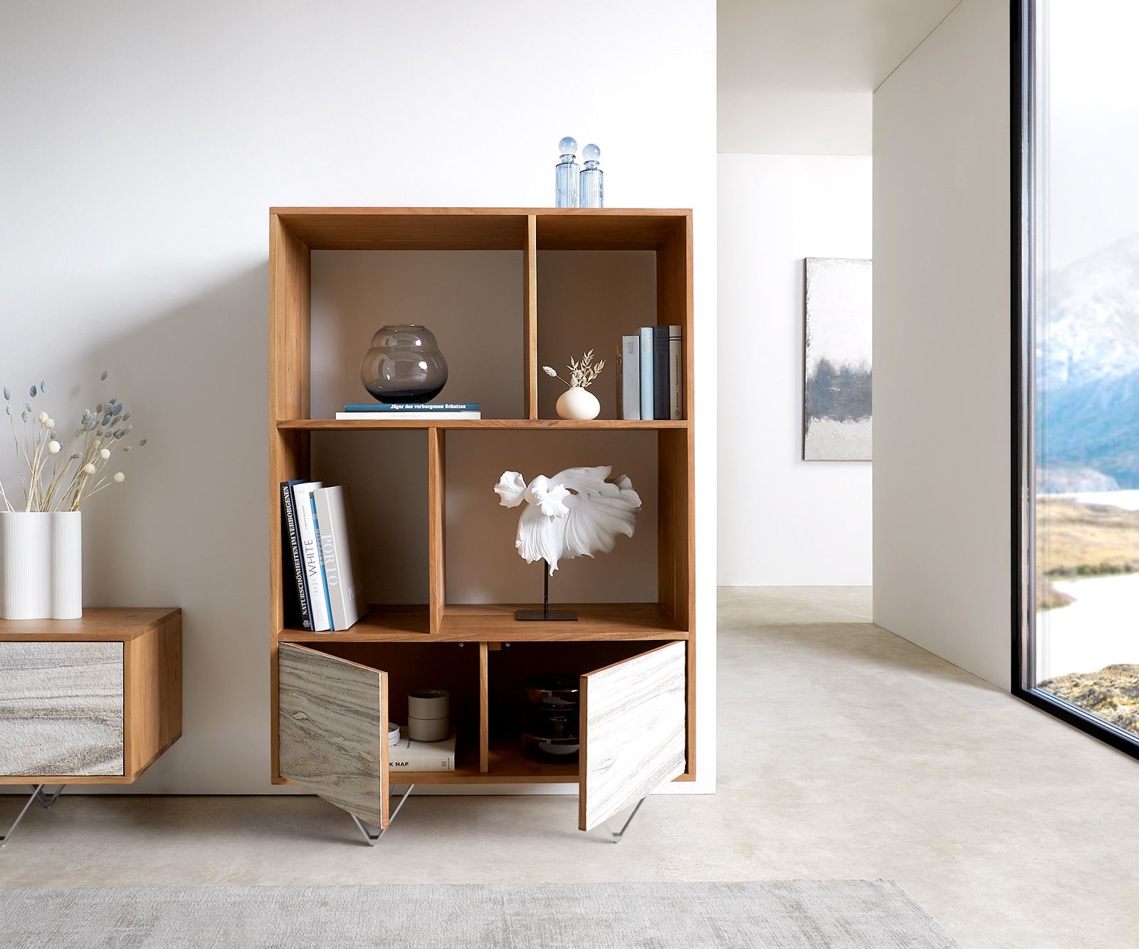 Highboard Kleo 90x130 cm natuur acacia 2 deuren V-poot rvs 3 Highboard Kleo 90x130 cm natuur acacia 2 deuren V-poot rvs 3
