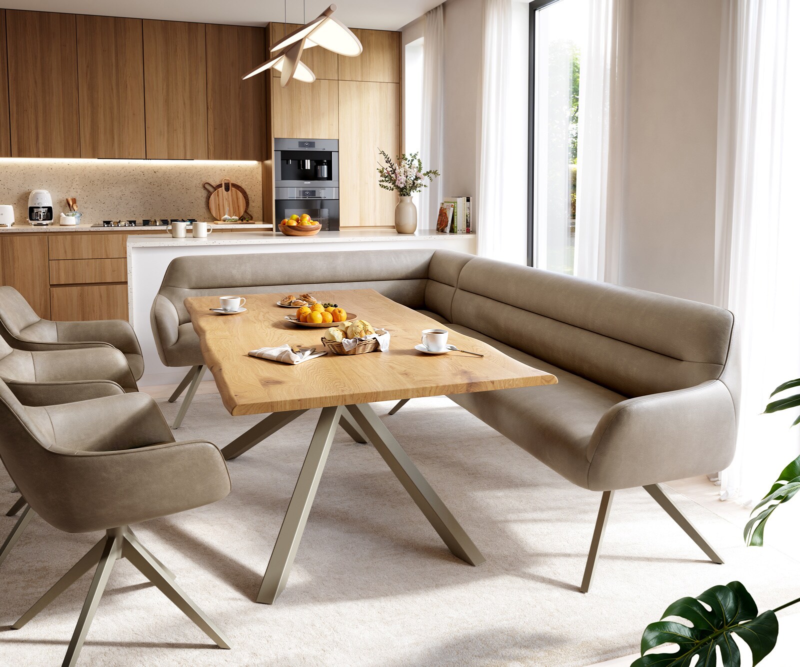 Eetkamerbank Taya-Flex 285x190 cm microvelours beige vintage hoekig kruisframe afwerking met titaniumeffect pocketvering rechts 1