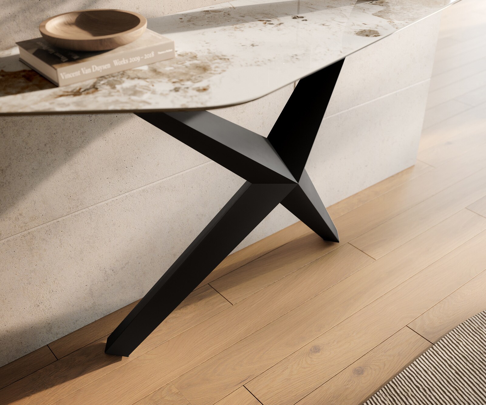 Consoletafel Edge Polygonaal 140x50 cm Keramiek Minas Melange Weiß-Beige Zentharo Metaal Zwart 6