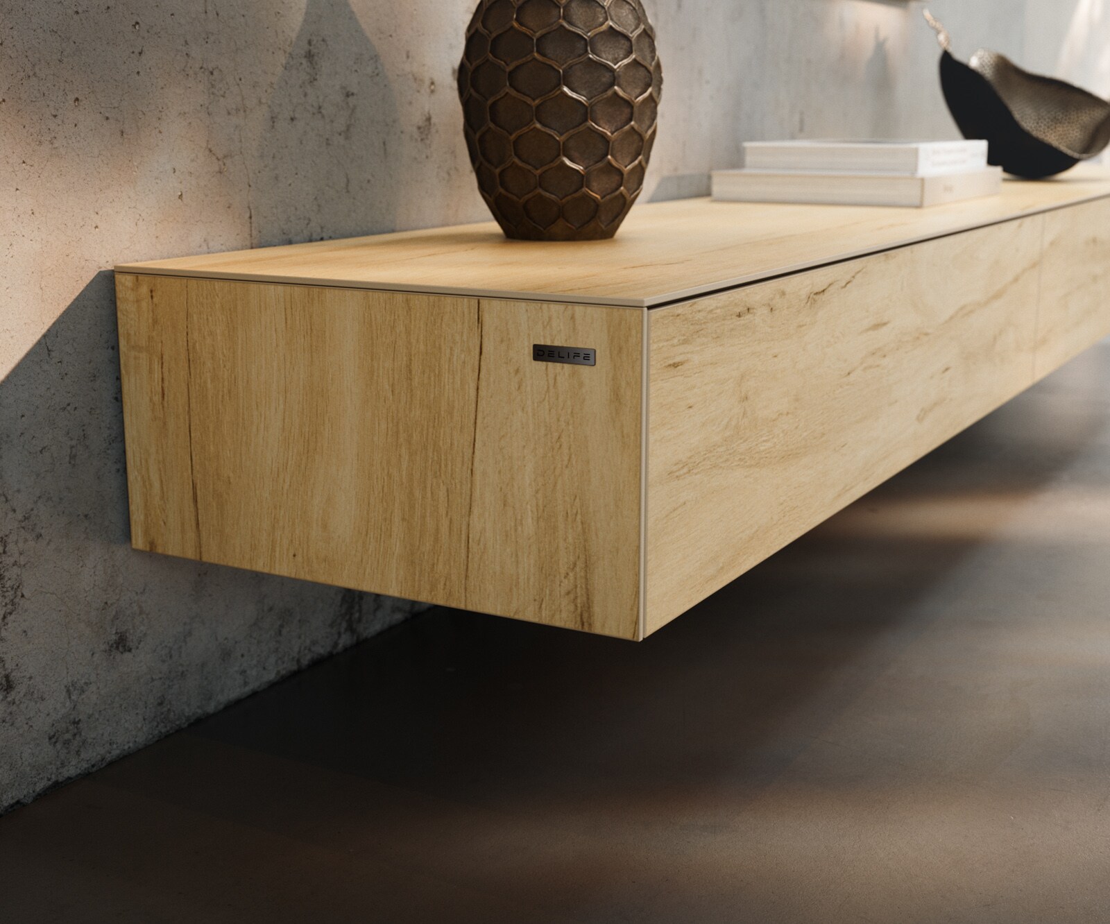 Tv-meubel Cuor 250 cm Keramiek Laminam® Sabbia Eiken gekleurd 1 Flap 1 Lade Zwevend 6