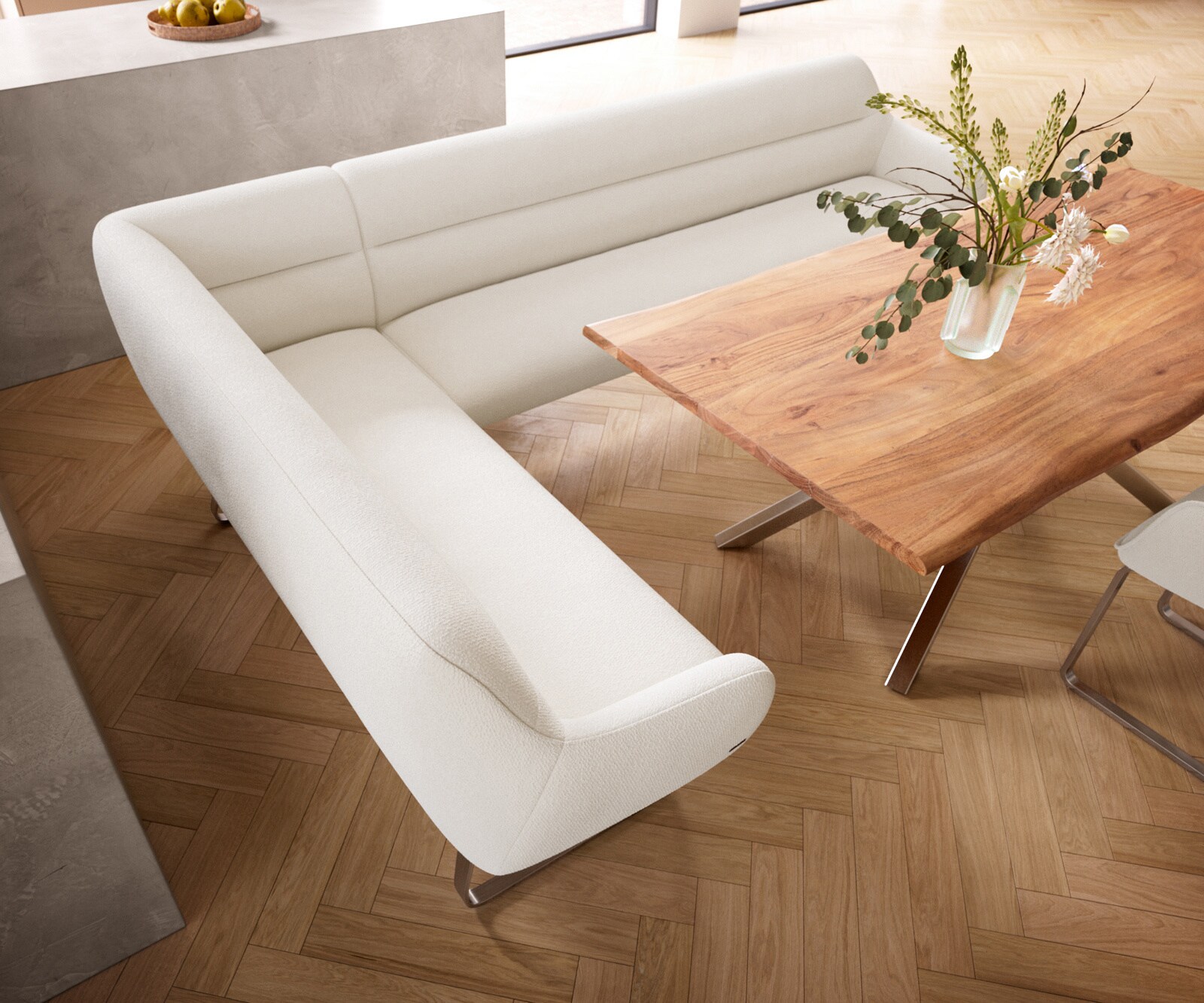 Eetkamerbank Taya-Flex 285x190 cm bouclé crème-wit platte sledebasis roestvrij staal pocketvering rechts 4