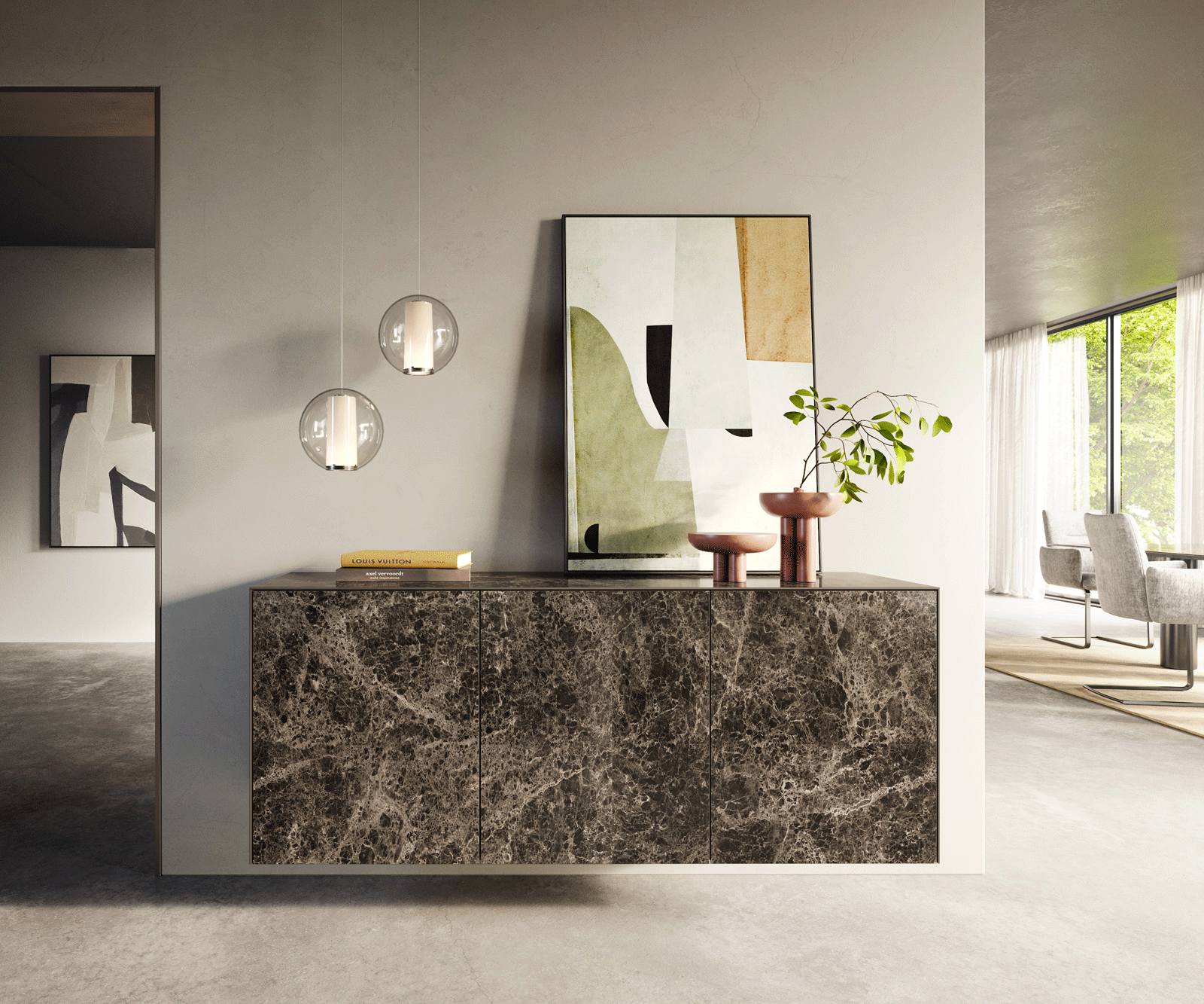 Dressoir Cuor 150 cm Keramiek Laminam® Emperador Extra Lucidato Donkerbruin 3 Deuren Zwevend 2