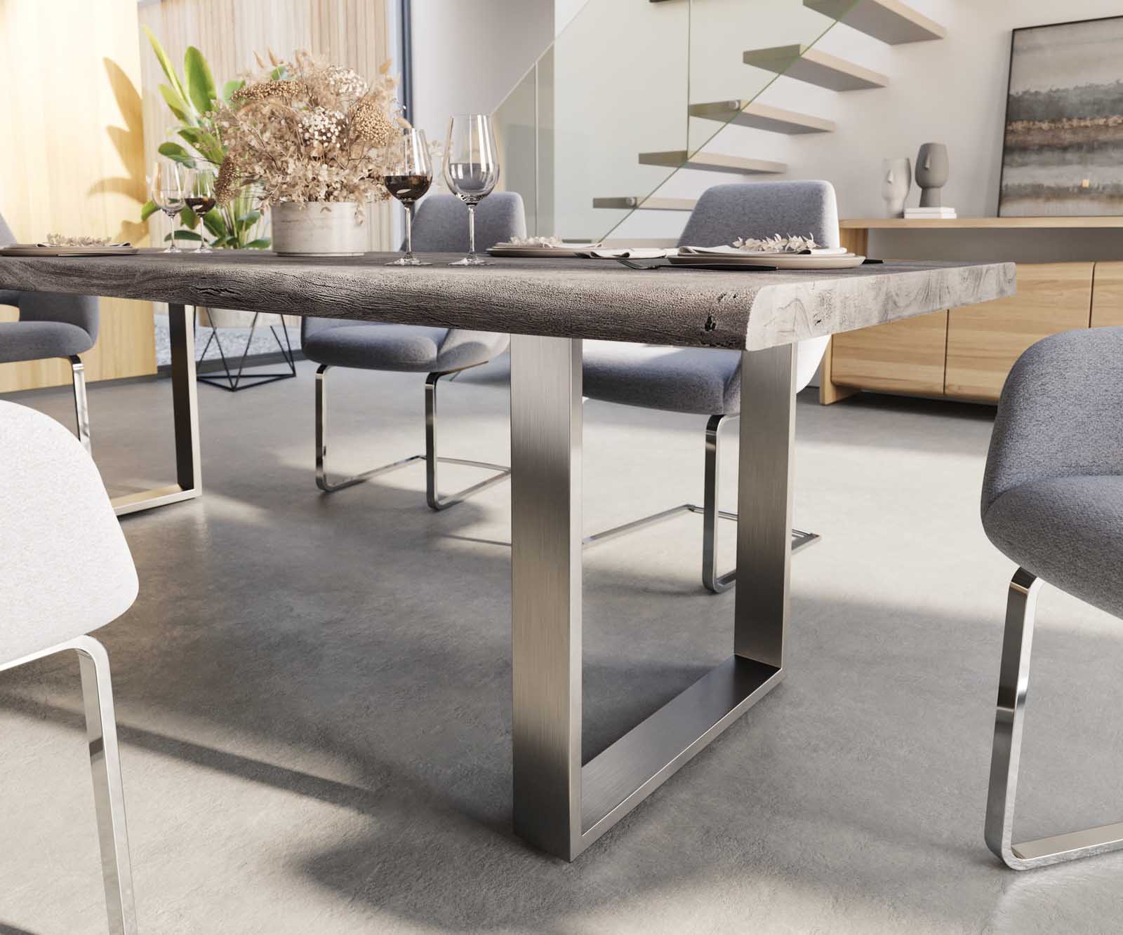 Eettafel Edge 260x100 XL acacia platina roestvrijstaal smal Live-Edge 5
