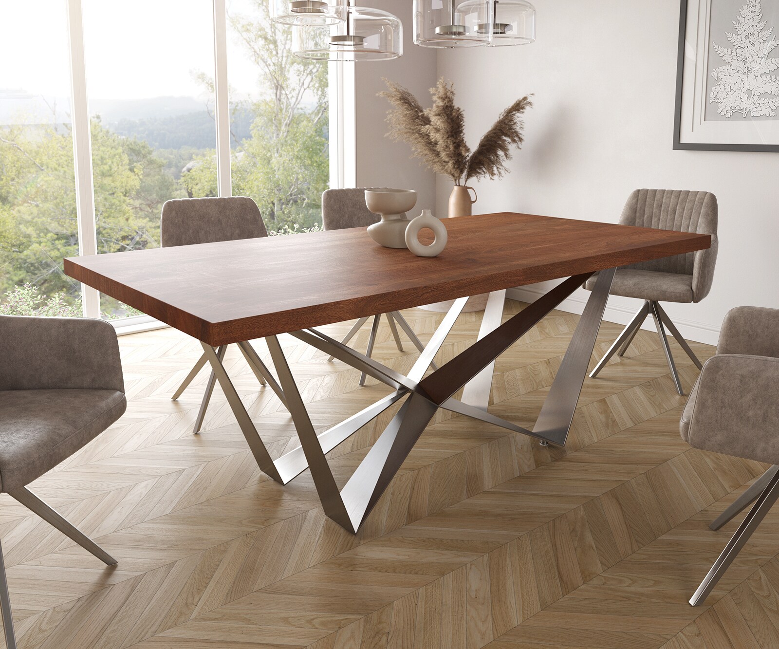 Eettafel Edge 200x100cm XL acacia bruin middenpoot vlak staal zilver