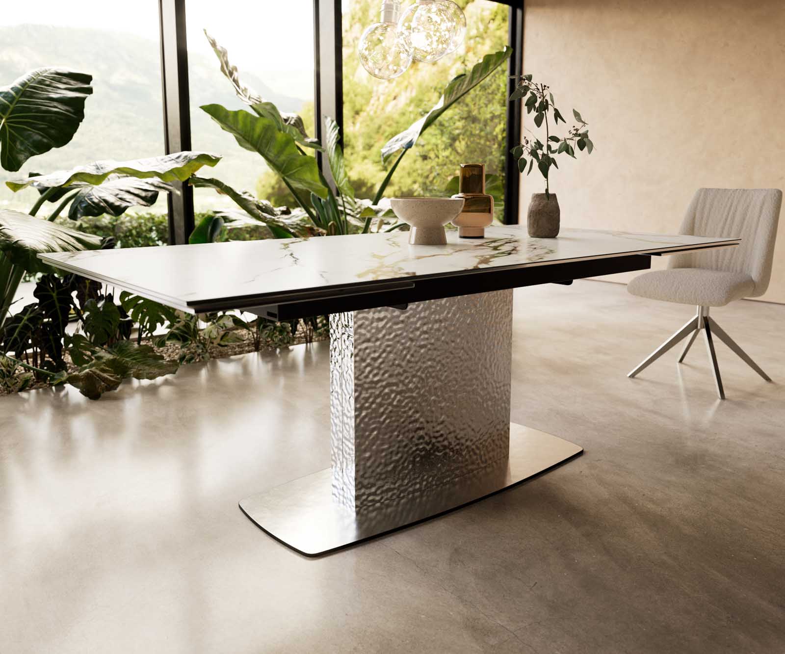 Eetkamertafel Edge 200-300x100 keramiek Calacatta Luxe wit-goud-grijs Wave RVS uitschuifbaar 6