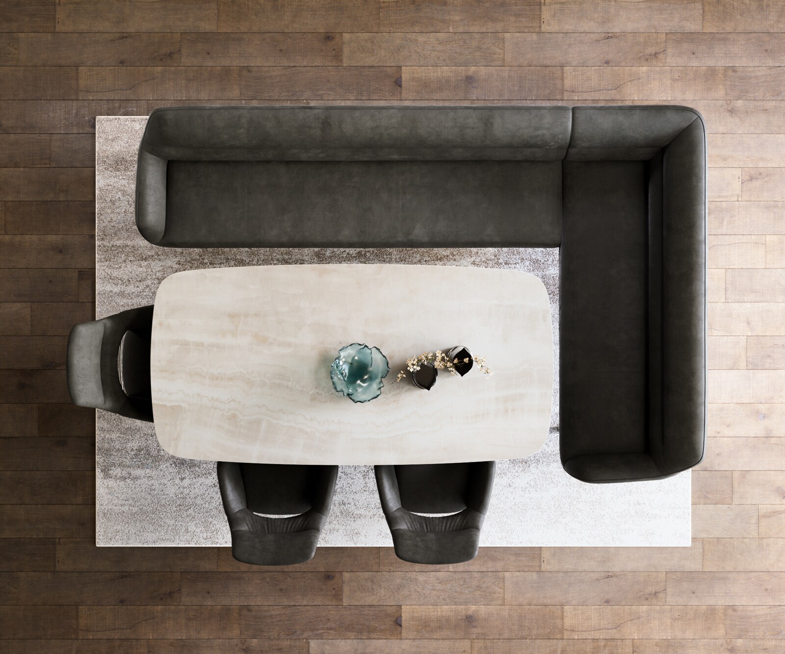 Eetkamerbank Taya-Flex 285x190 cm microvelours anthraciet vintage platte sledebasis roestvrij staal pocketvering rechts 6