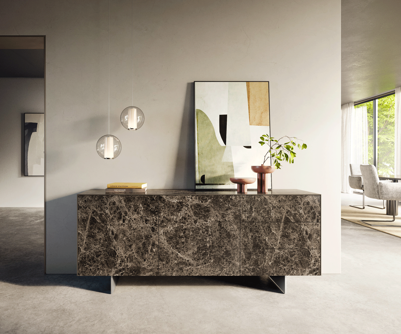 Dressoir Cuor 180 cm Keramiek Emperador Extra Lucidato Donkerbruin 2 Deuren 3 Laden Zwevende voet look Roestvrij staal 2