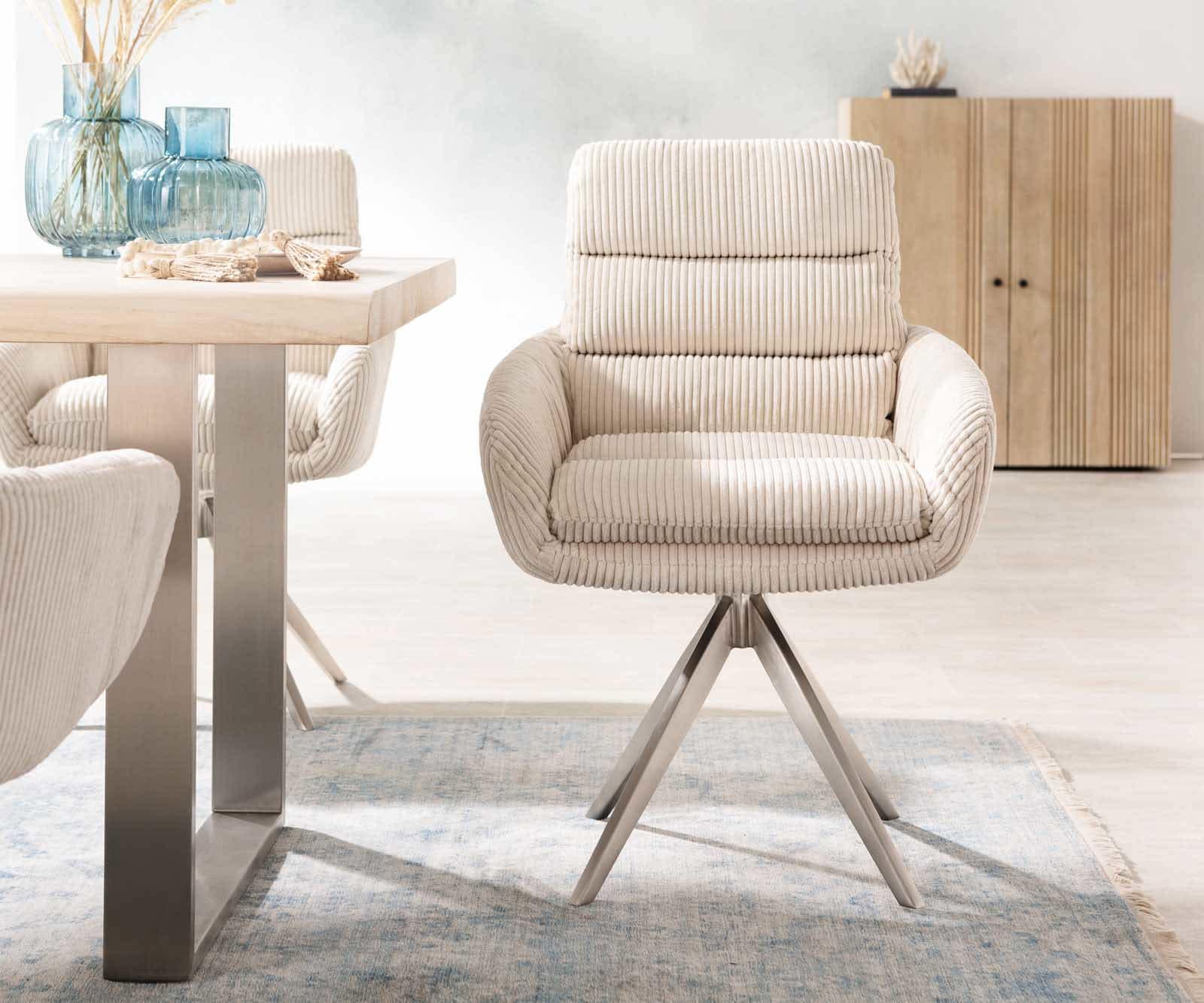 Eetkamerstoel Abelia-Flex met armleuning koord beige kruisframe hoekig roestvrij staal 1 Eetkamerstoel Abelia-Flex met armleuning koord beige kruisframe hoekig roestvrij staal 1