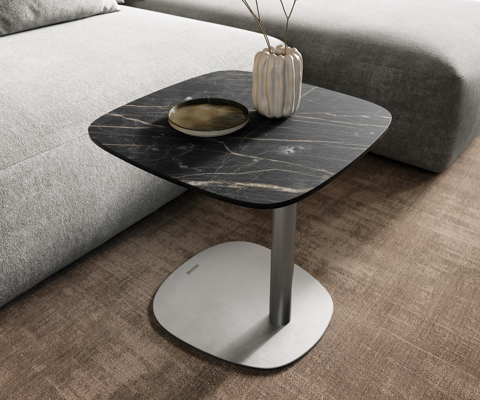 Salontafel Edge Boot 50x50 cm keramiek Laminam® Noir Desir bruin Eleny geborsteld roestvrij staal 6