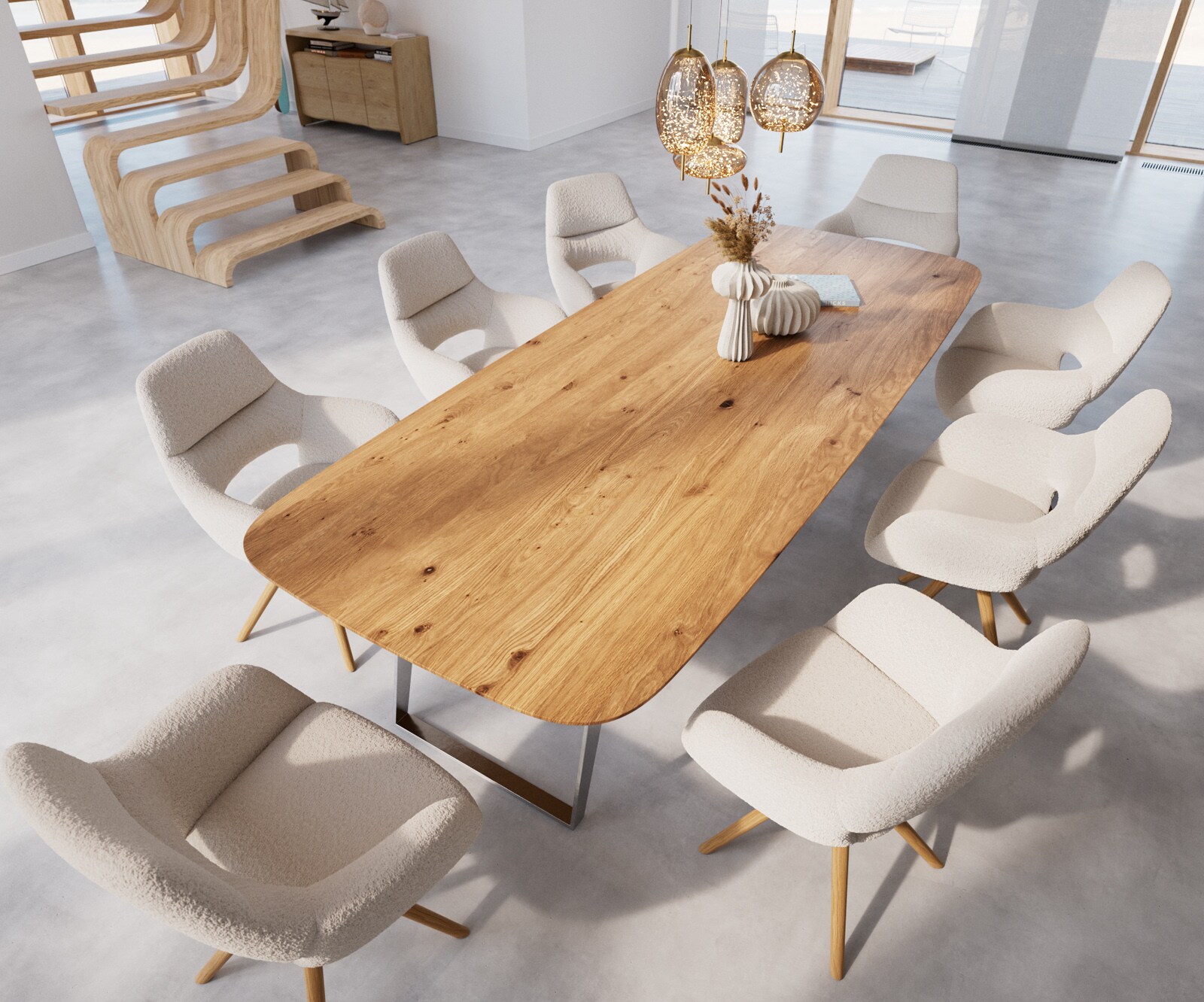 Eettafel Edge Boot 300x120x2,5-3 eiken natuur roestvrij staal  schuin Schweizer Kante 4