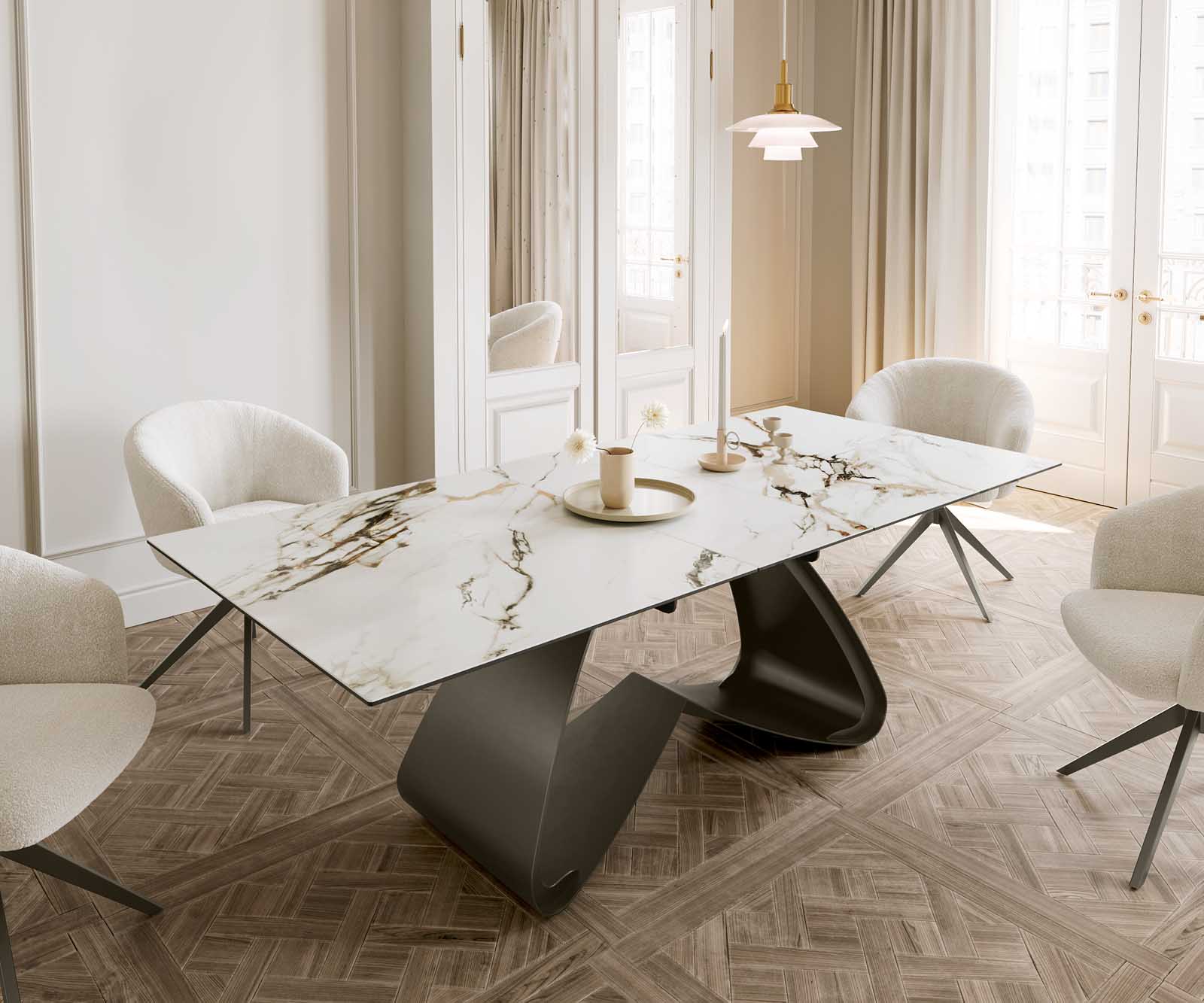 Edge eettafel 180-220x100 keramiek Calacatta Luxe wit-goud-grijs W-frame effect afwerking titanium Uitschuifbaar 1