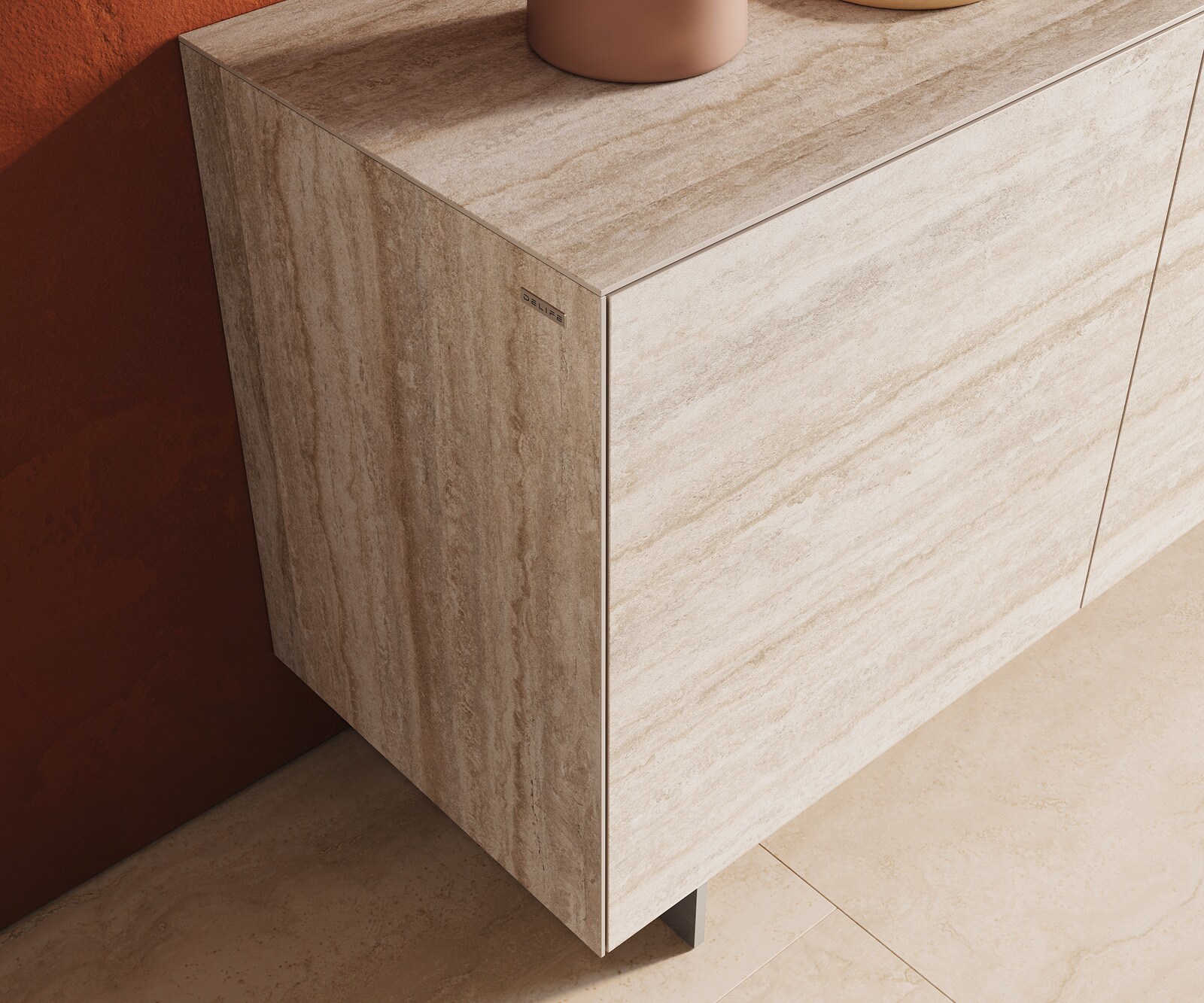 Dressoir Cuor 180 cm Keramiek Laminam® Travertino Bianco Crème-wit 2 Deuren 3 Laden Zwevende voet look Roestvrij staal 6