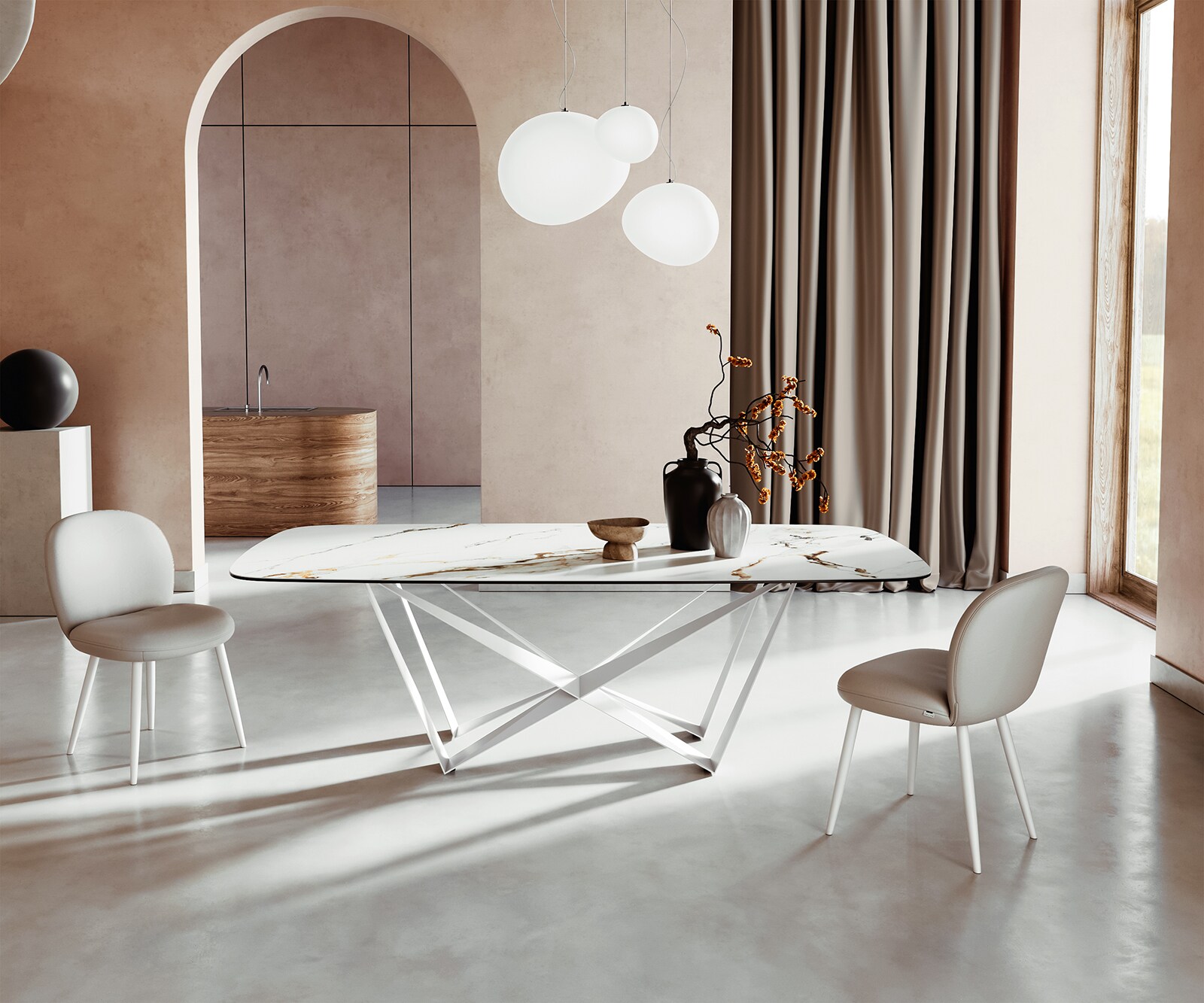 Eetkamertafel Edge Boot 240x120 cm Keramiek Calacatta Luxe Wit-Goud-Grijs Spider Metaal Wit