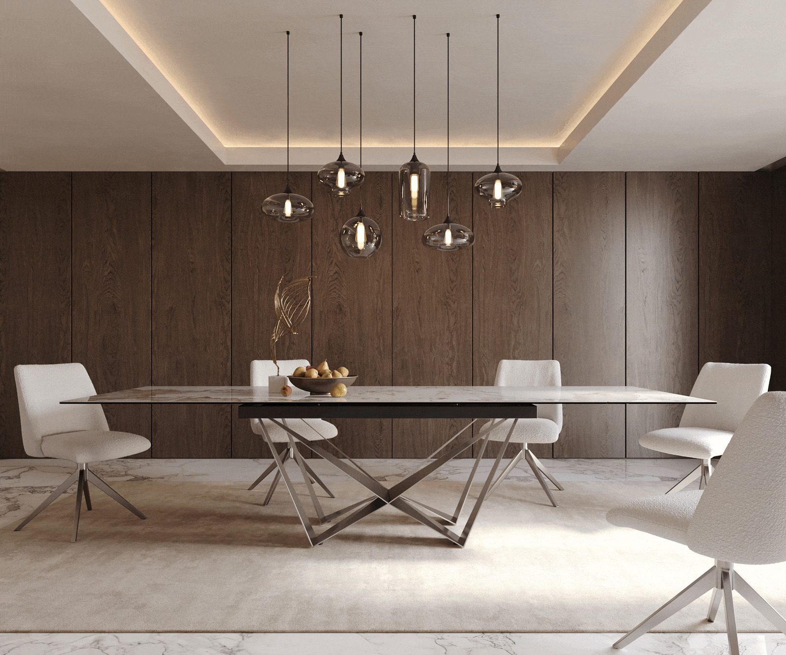 Eetkamertafel Edge 200-300x100 keramiek Minas Melange wit-beige spider vlak staal RVS uitschuifbaar 2