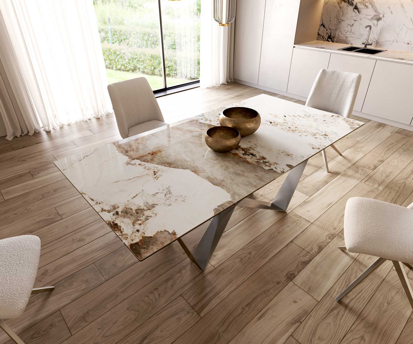Eetkamertafel Edge 200x100 keramiek Minas Melange wit-beige spider vlak staal RVS 5