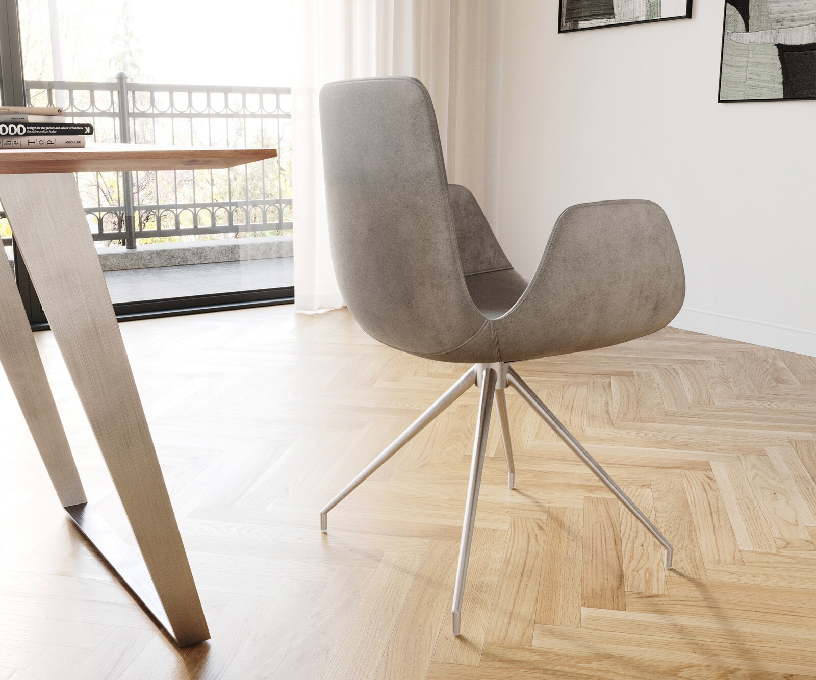 Eetkamerstoel Ilia-Flex met armleuning fluweel grijs kruisframe conisch roestvrij staal 4 Eetkamerstoel Ilia-Flex met armleuning fluweel grijs kruisframe conisch roestvrij staal 4