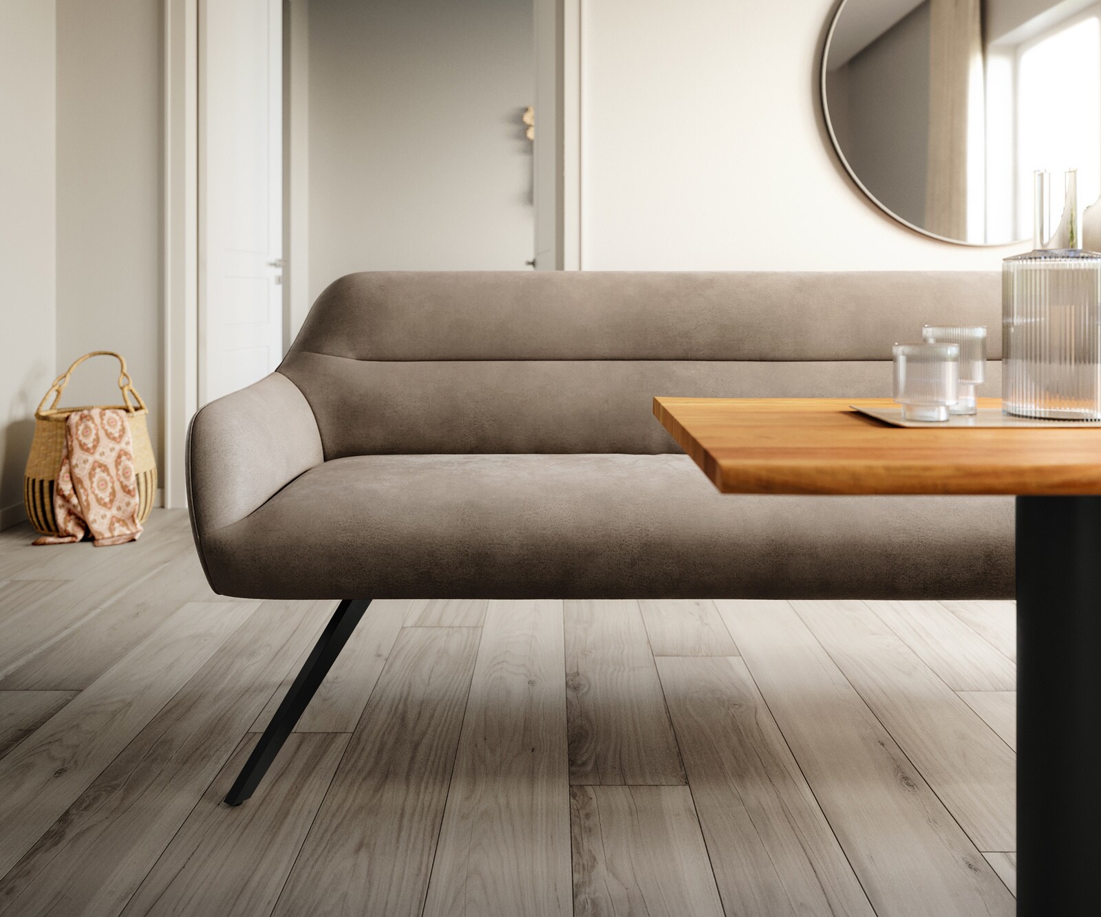 Eetkamerbank Taya-Flex 200 cm microvelours taupe vintage hoekig kruisframe zwart pocketvering 1