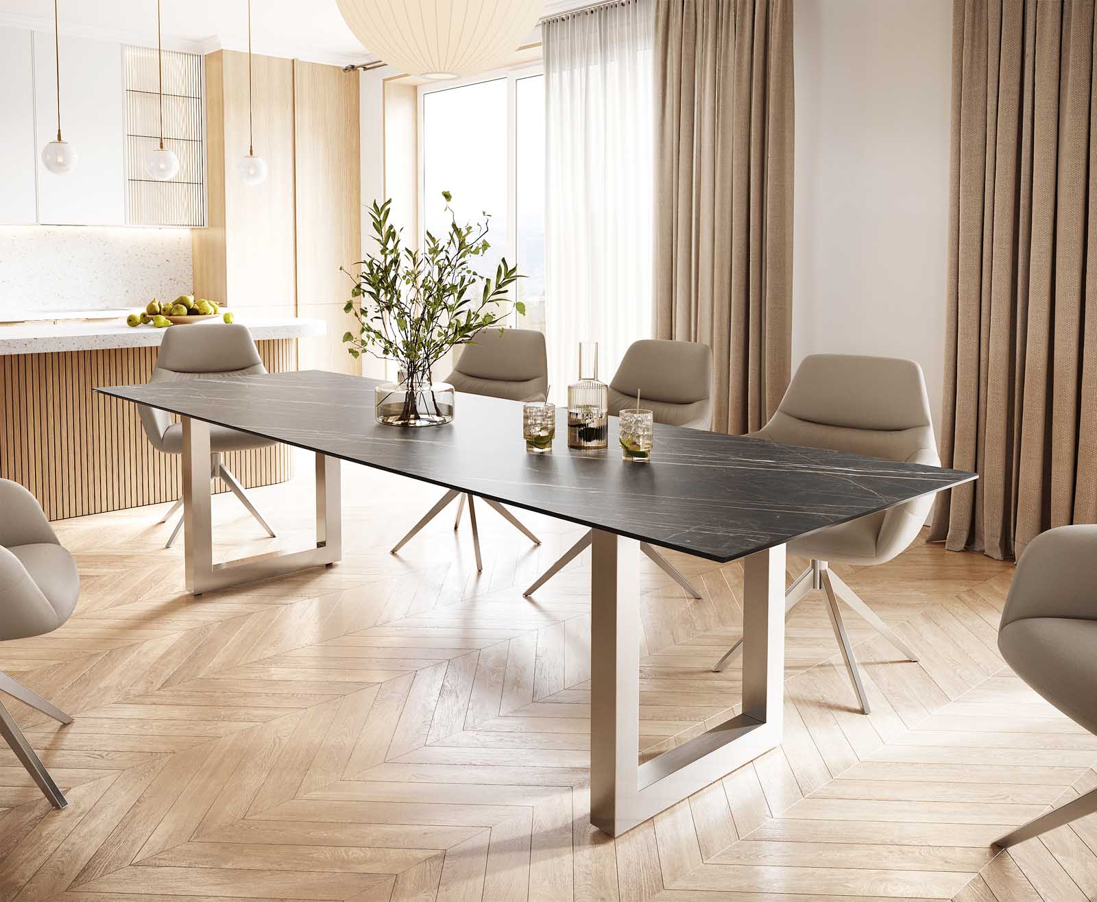 Eettafel Edge 300x100 keramiek Laminam® Noir Desir bruin roestvrij staal breed