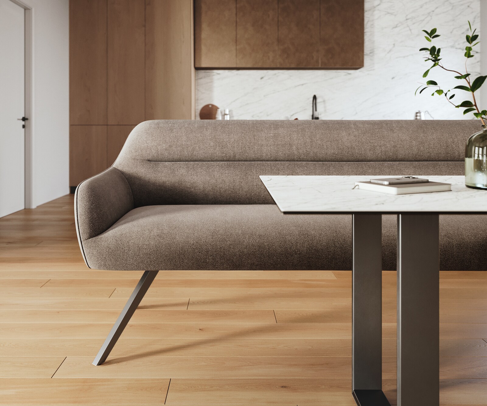 Eetkamerbank Taya-Flex 200 cm zachte stof met structuur taupe hoekig kruisframe zwart pocketvering 2